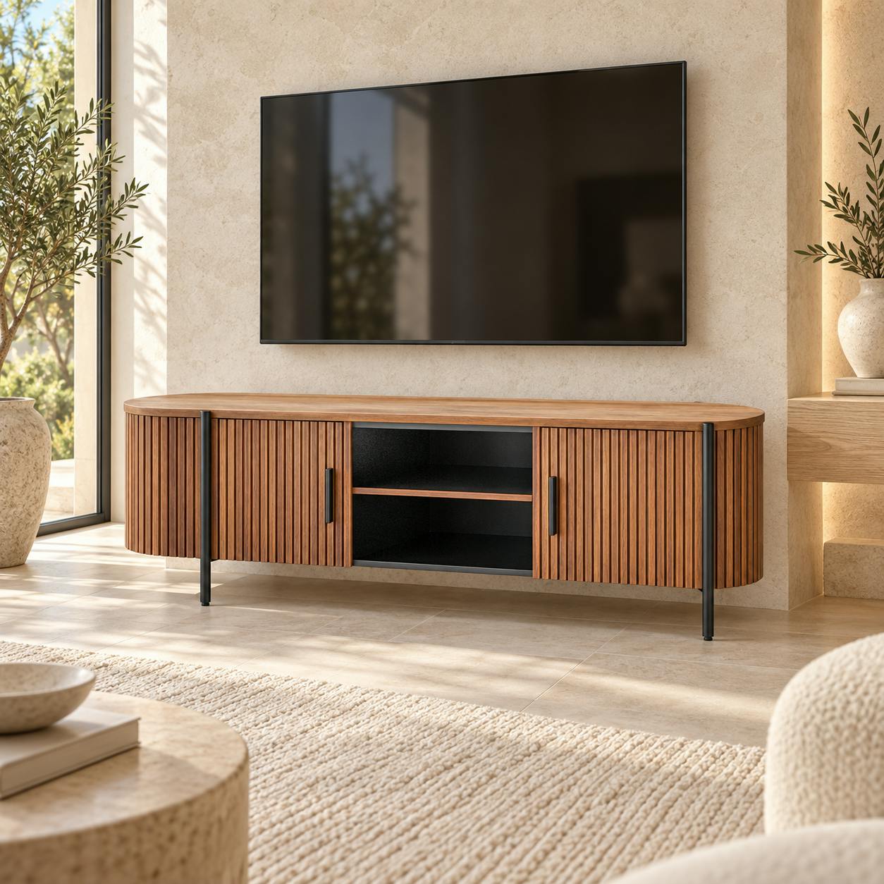 Meuble TV teck recyclé côtés arrondis TRANI