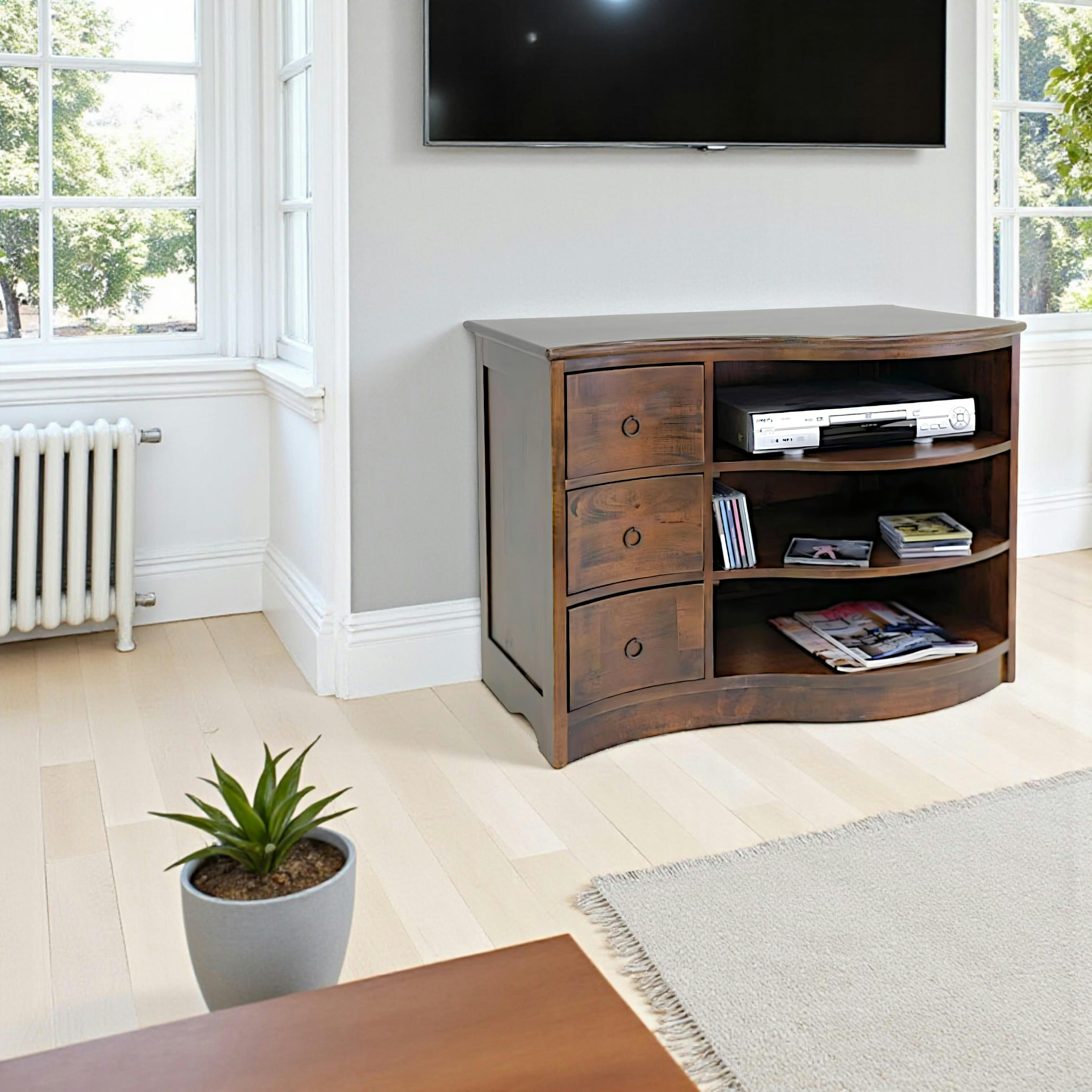 Meuble TV vague hévéa 3 tiroirs 3 niches 90cm TRADITION