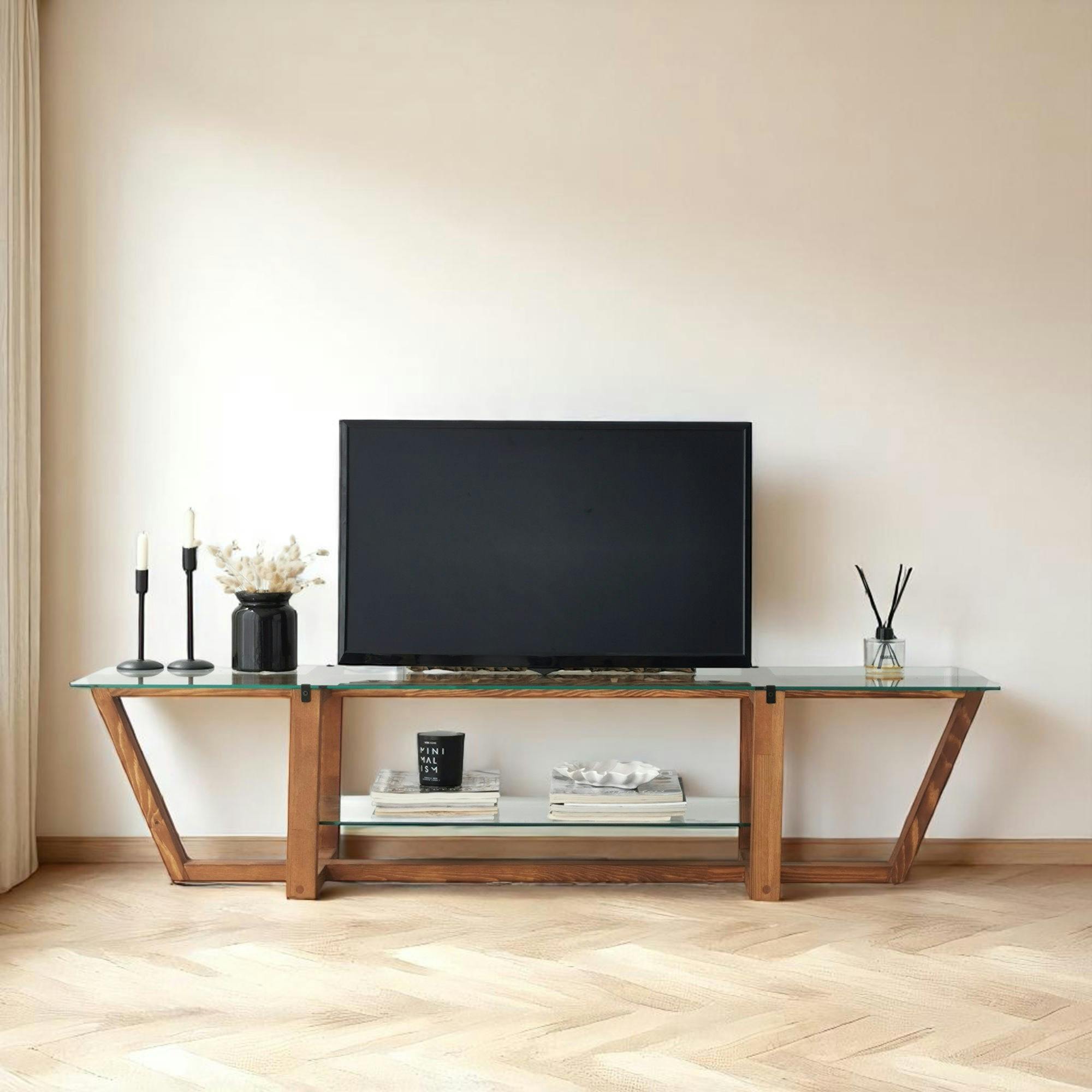 Meuble TV verre trempé bois foncé - 158 cm 2 niveaux LHASA