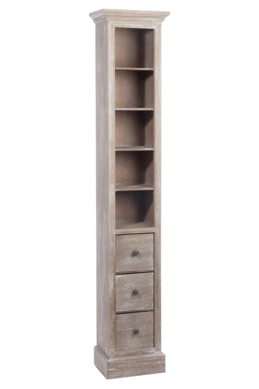 Meuble type range CD bois naturel patiné grisé blanchi 5 niveaux et 3 tiroirs L35xP25xH184cm PAOLIA