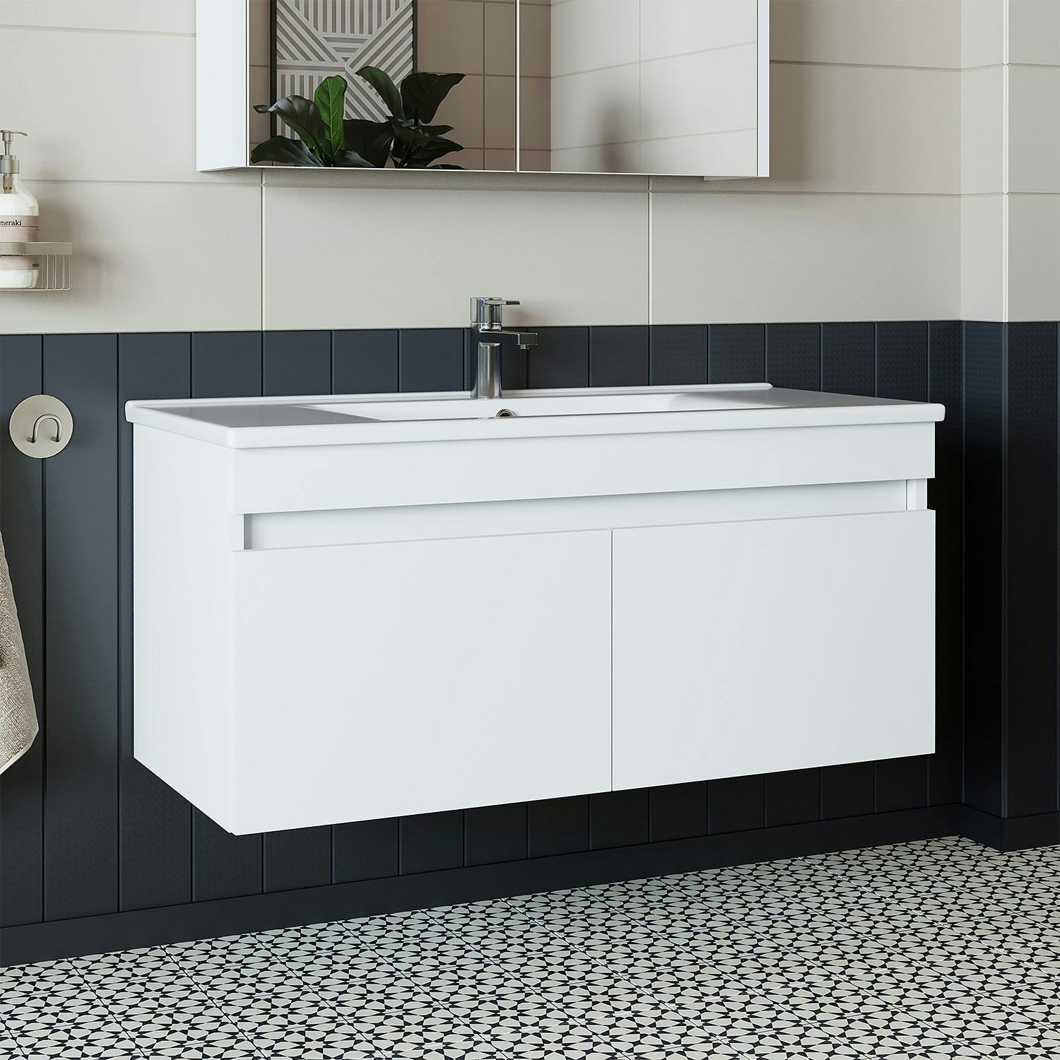 Meuble vasque 100 cm suspendu blanc 2 portes AQUO
