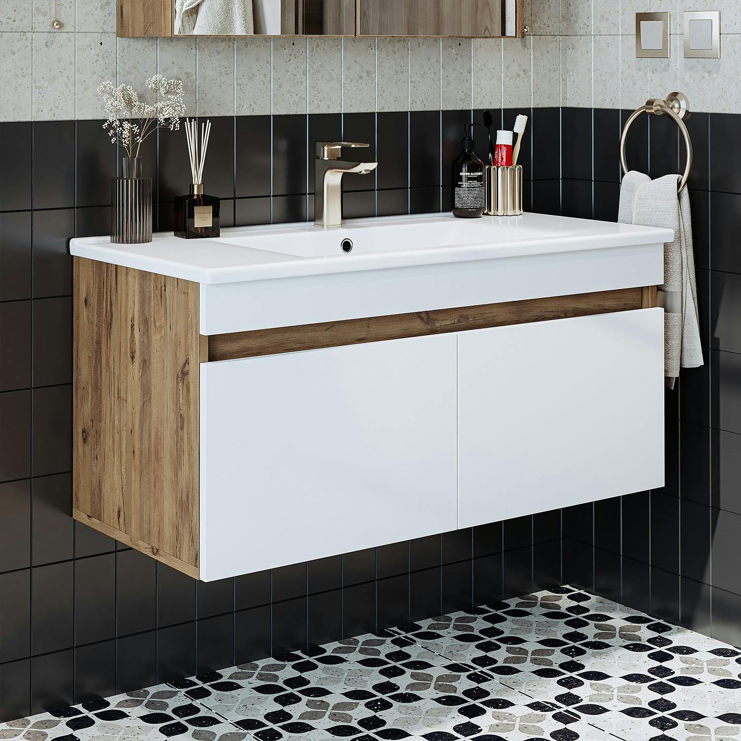 Meuble vasque 100 cm suspendu décor pin et blanc 2 portes AQUO