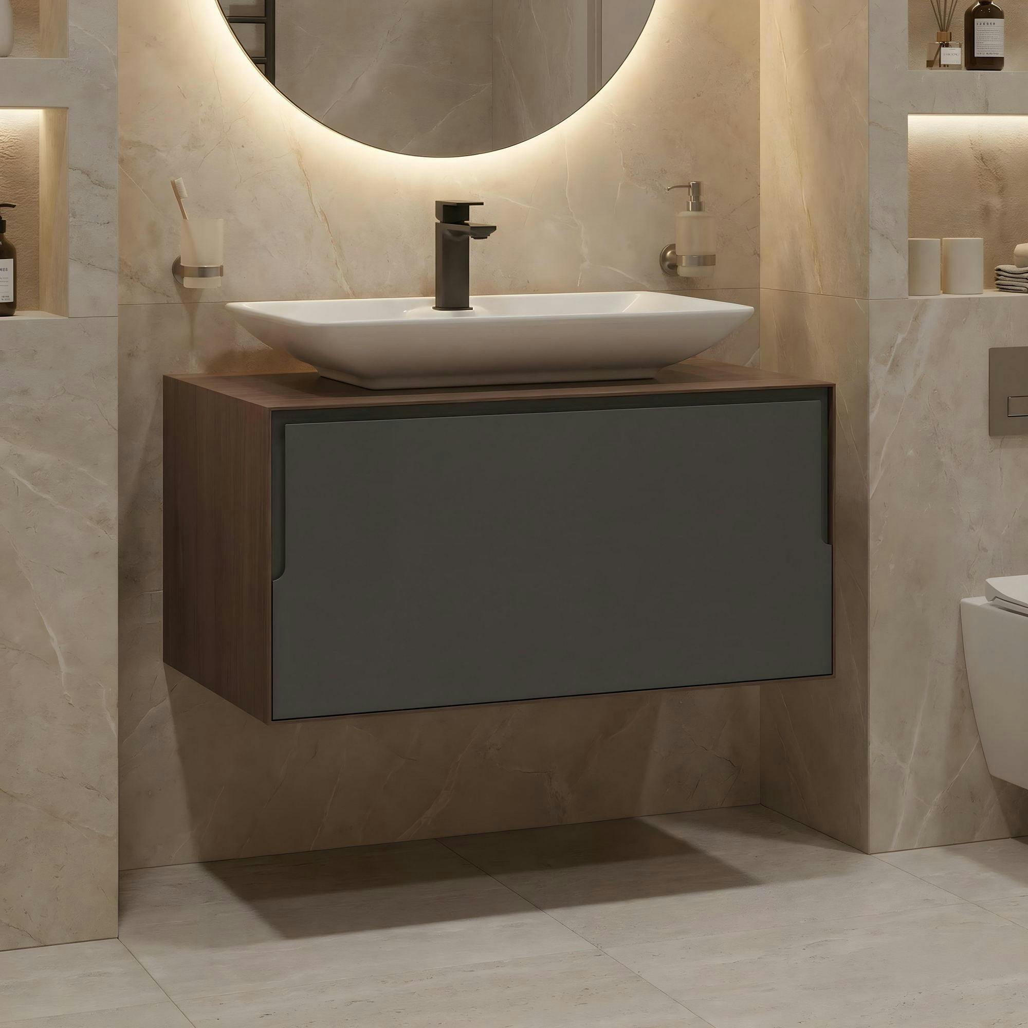 Meuble vasque blanc suspendu 80 cm décor bois foncé et anthracite 2 tiroirs RIA