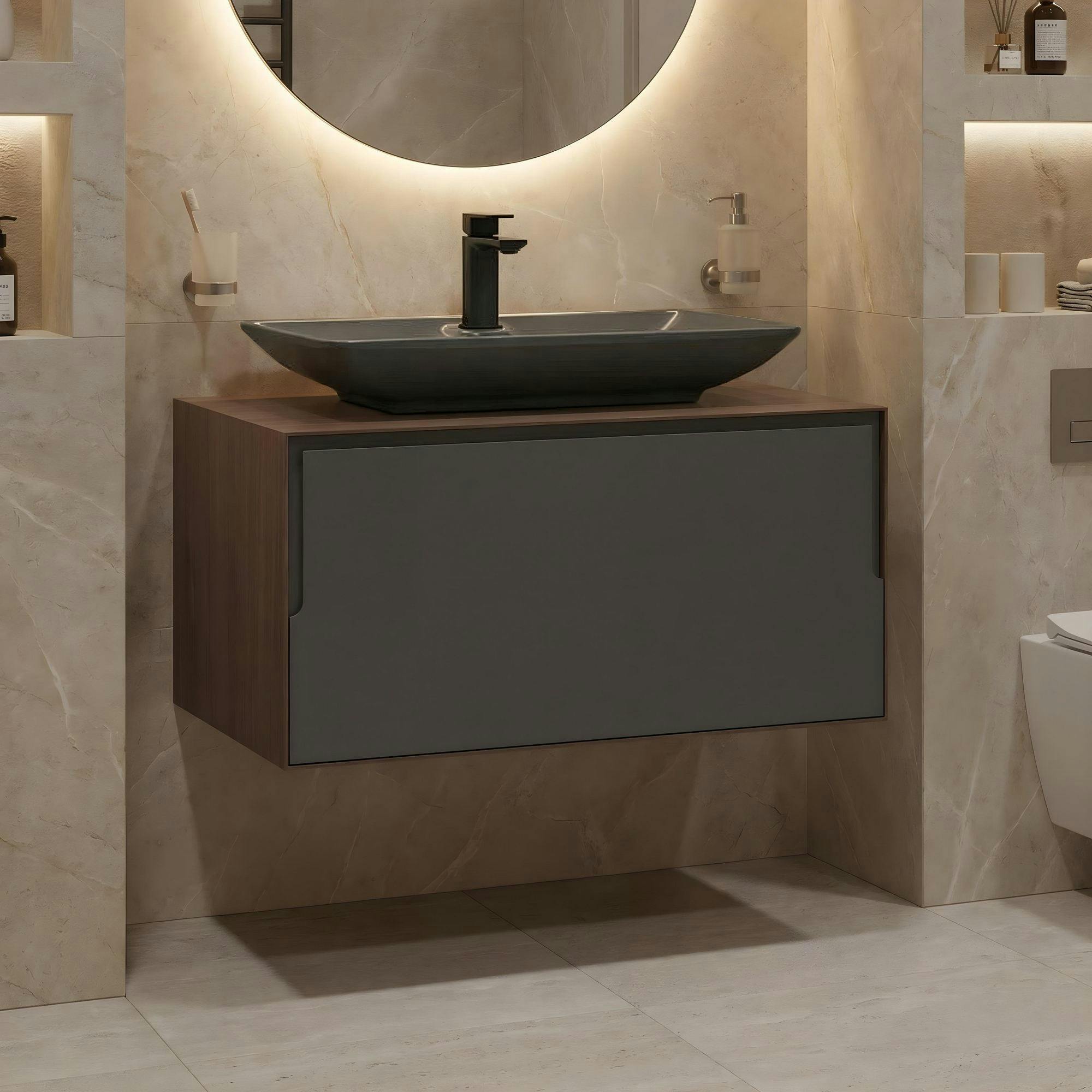Meuble vasque gris suspendu 80 cm décor bois foncé et anthracite 2 tiroirs RIA