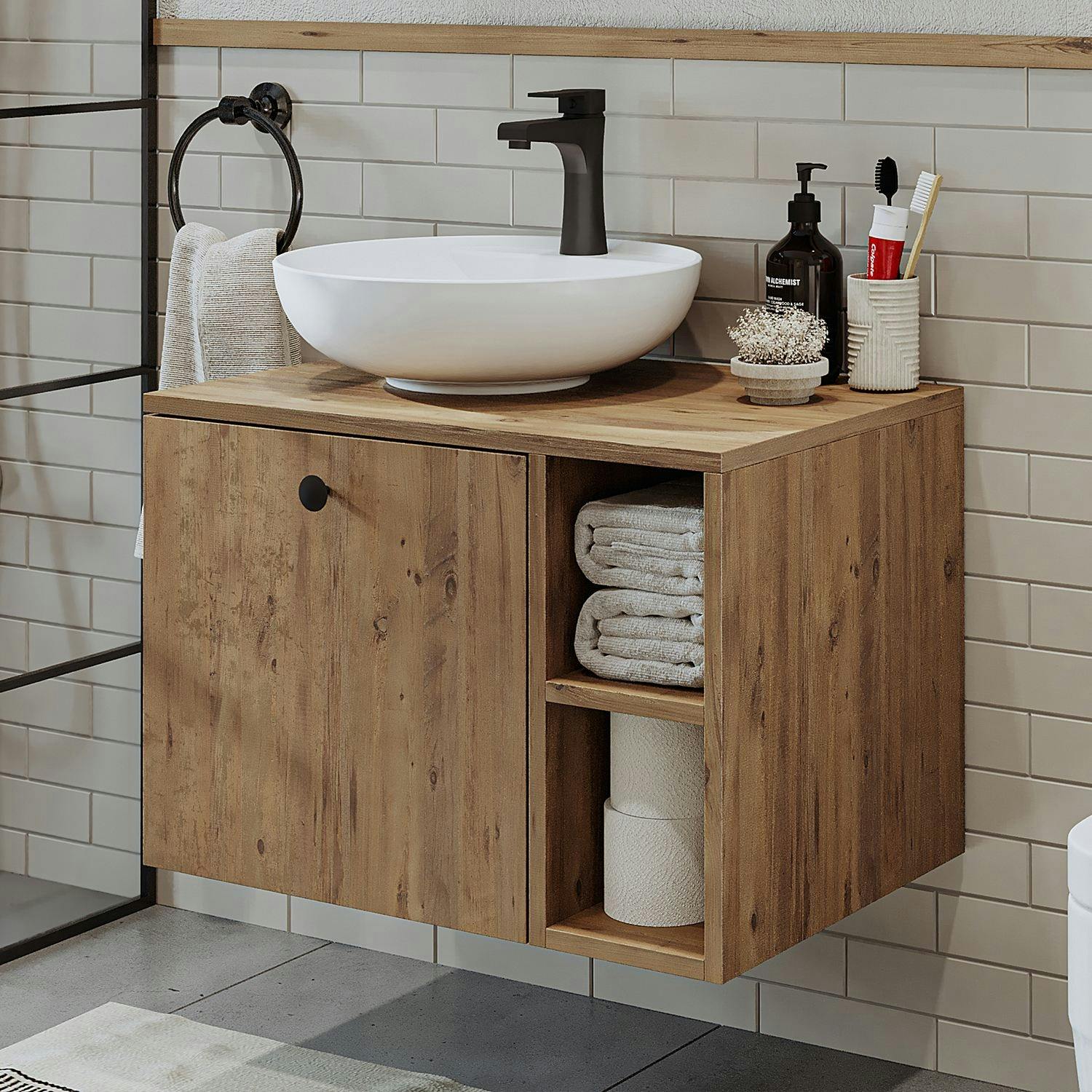 Meuble vasque rond décor pin 1 tiroir RAI