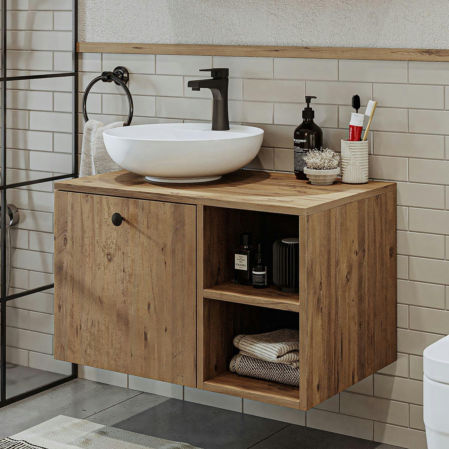 Meuble vasque rond décor pin 1 tiroir TIMA