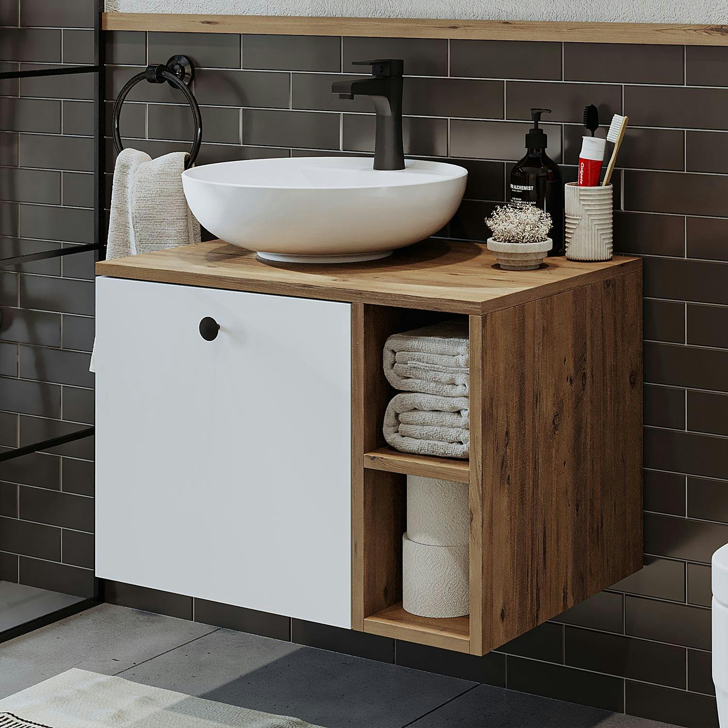 Meuble vasque rond décor pin et blanc 1 tiroir RAI