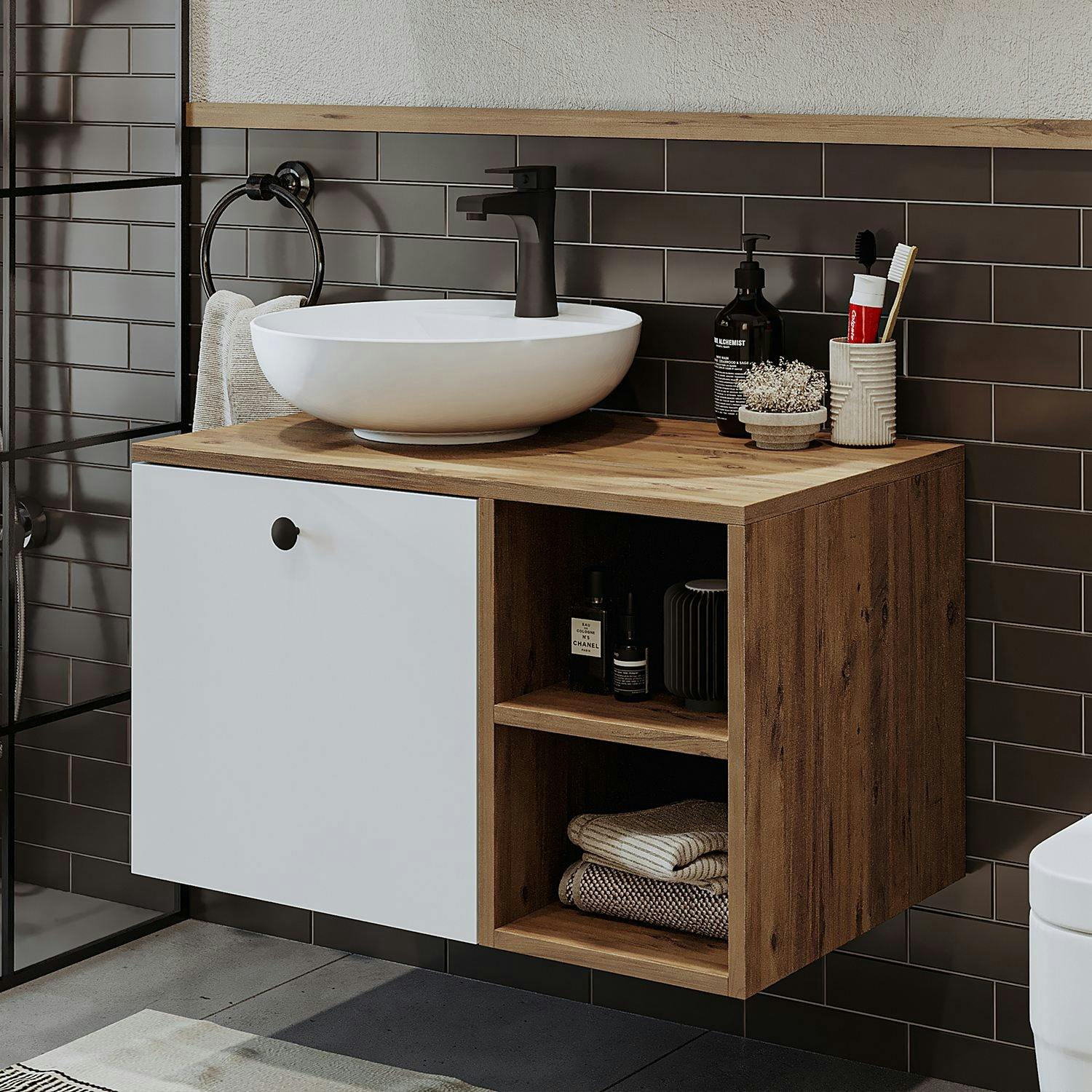 Meuble vasque rond décor pin et blanc 1 tiroir TIMA
