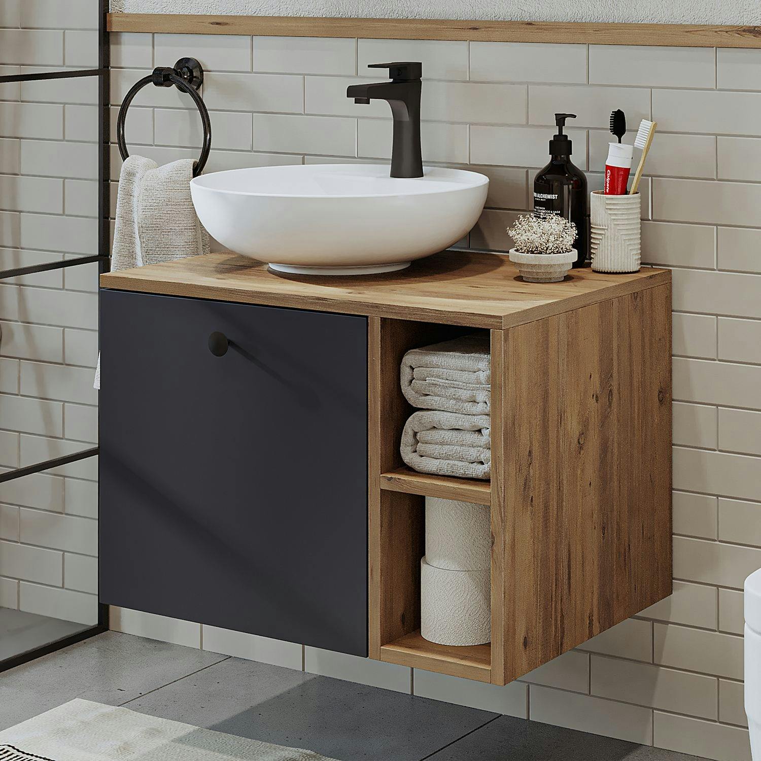 Meuble vasque rond décor pin et gris 1 tiroir RAI