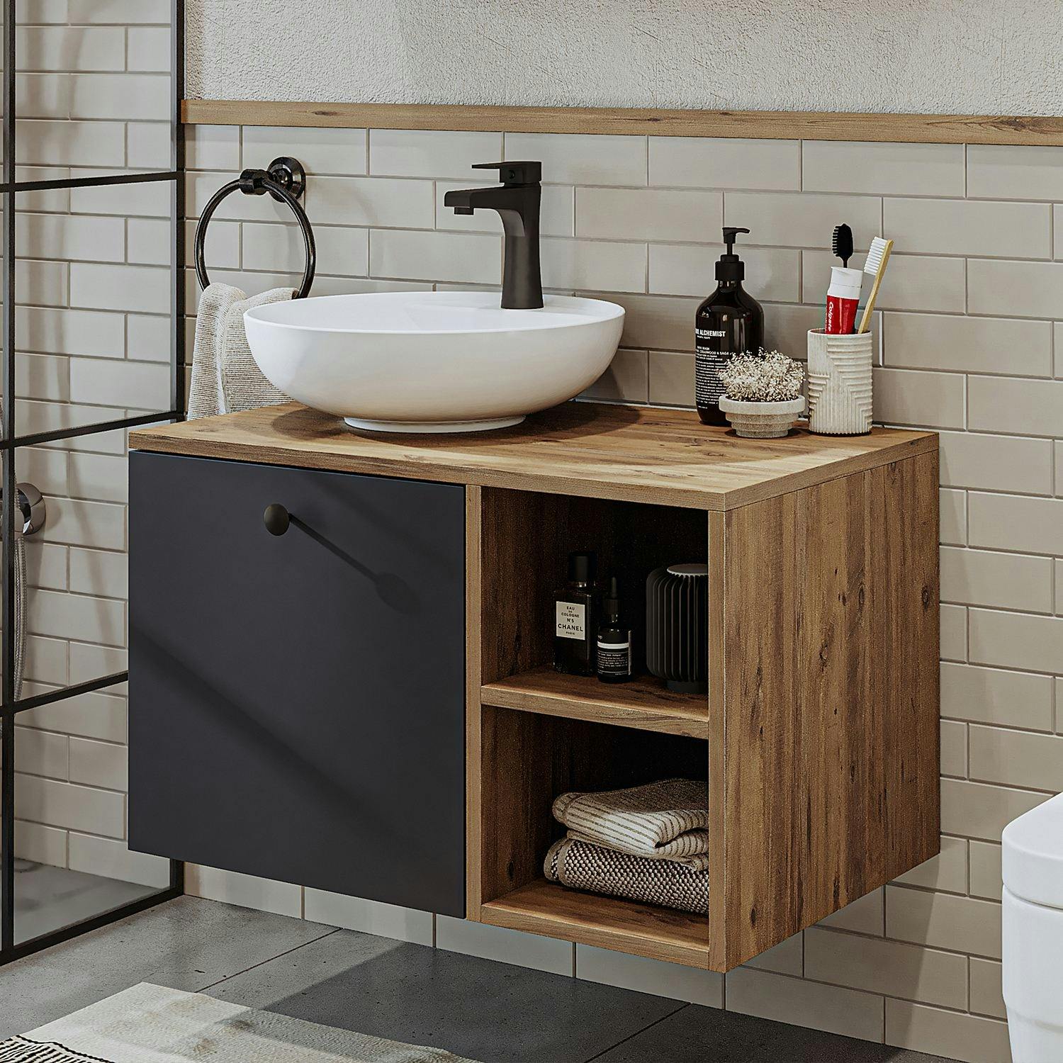 Meuble vasque rond décor pin et gris 1 tiroir TIMA
