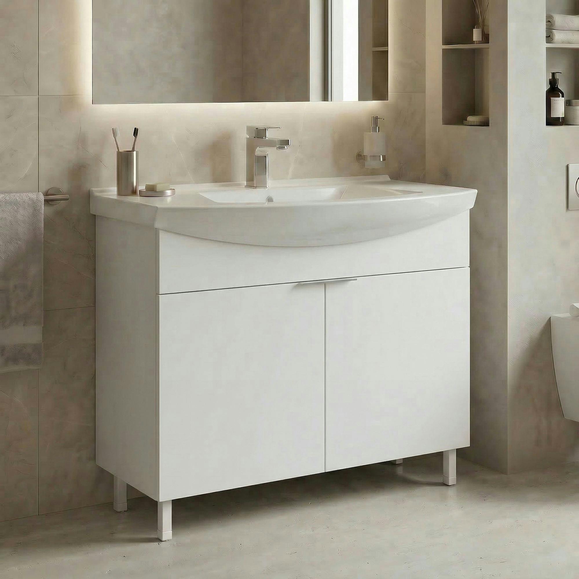 Meuble vasque salle de bains 100 cm blanc 2 portes UMI