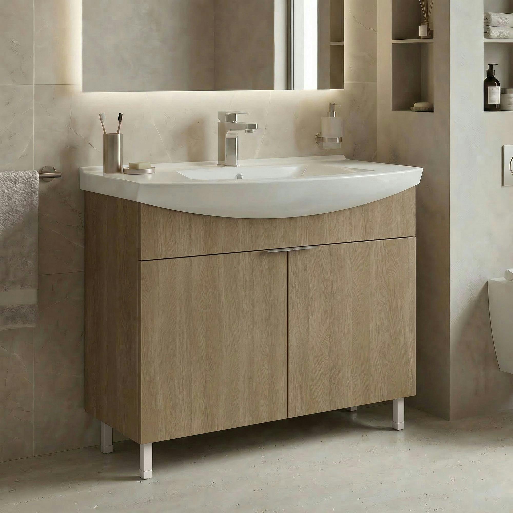 Meuble vasque salle de bains 100 cm décor chêne 2 portes UMI