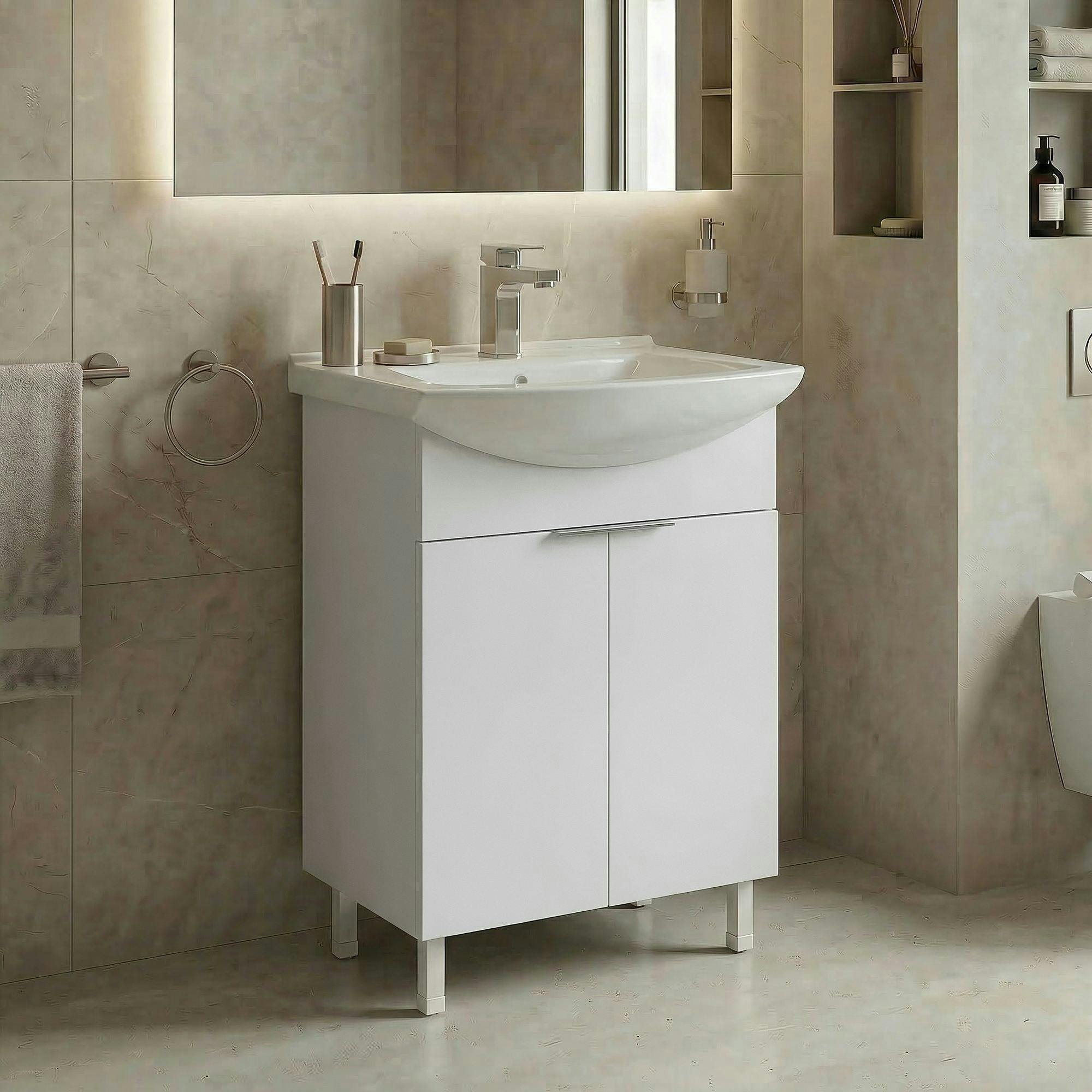 Meuble vasque salle de bains 55 cm blanc 2 portes UMI
