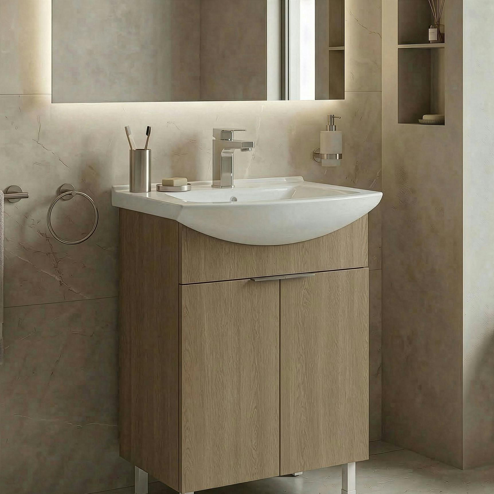 Meuble vasque salle de bains 55 cm décor chêne 2 portes UMI