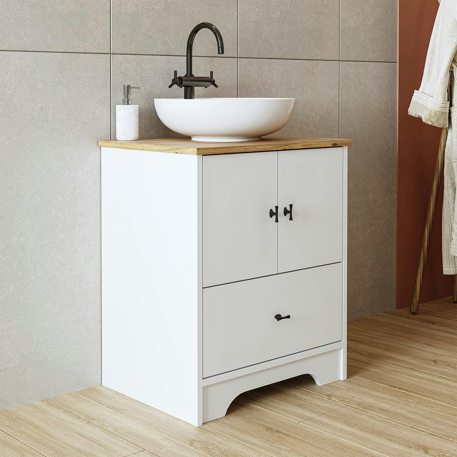 Meuble vasque salle de bains 60 cm blanc 2 portes 1 tiroir DOUNA
