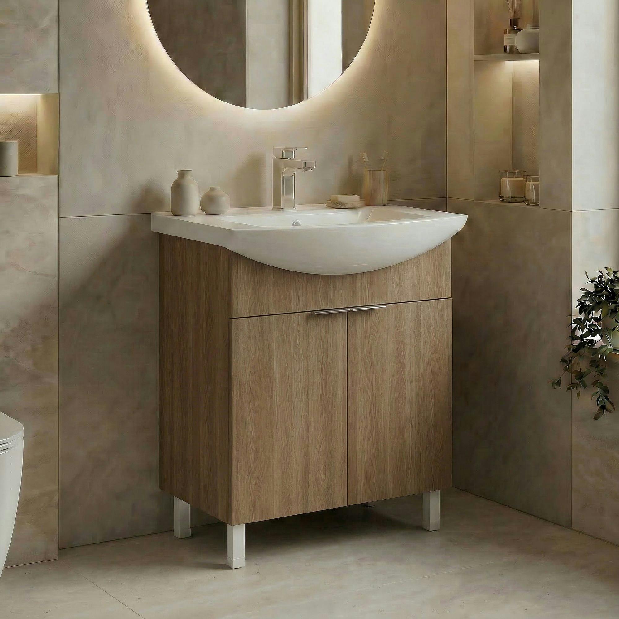 Meuble vasque salle de bains 65 cm décor chêne 2 portes UMI