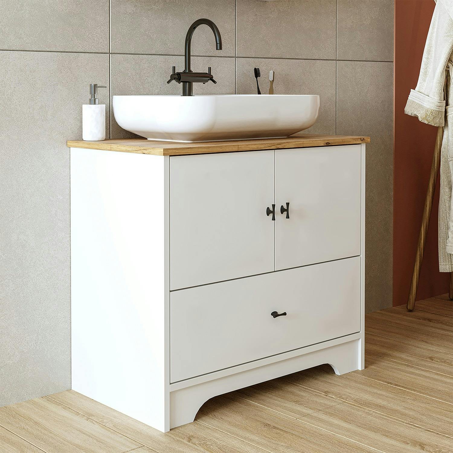 Meuble vasque salle de bains 80 cm blanc 2 portes 1 tiroir DOUNA