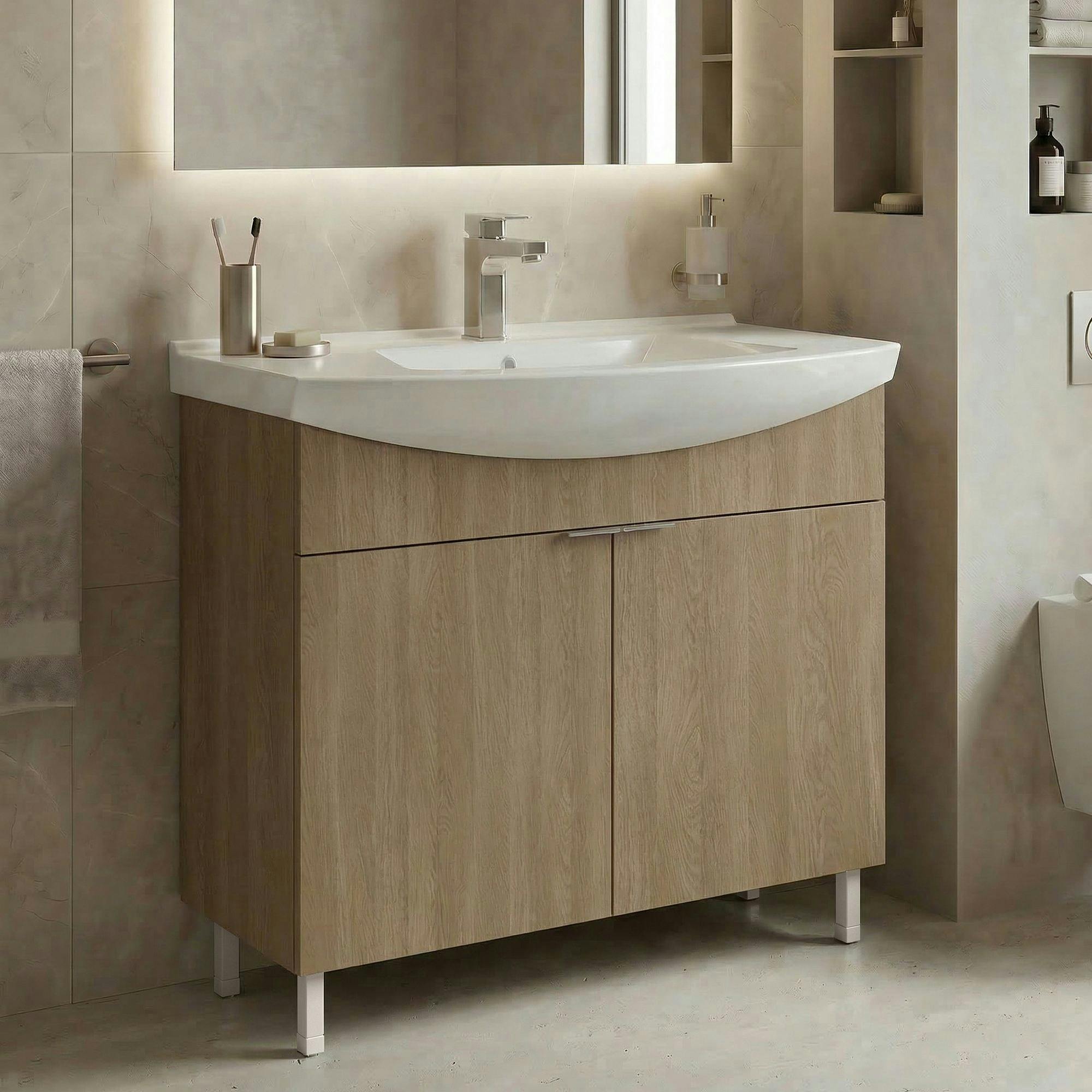 Meuble vasque salle de bains 80 cm décor chêne 2 portes UMI