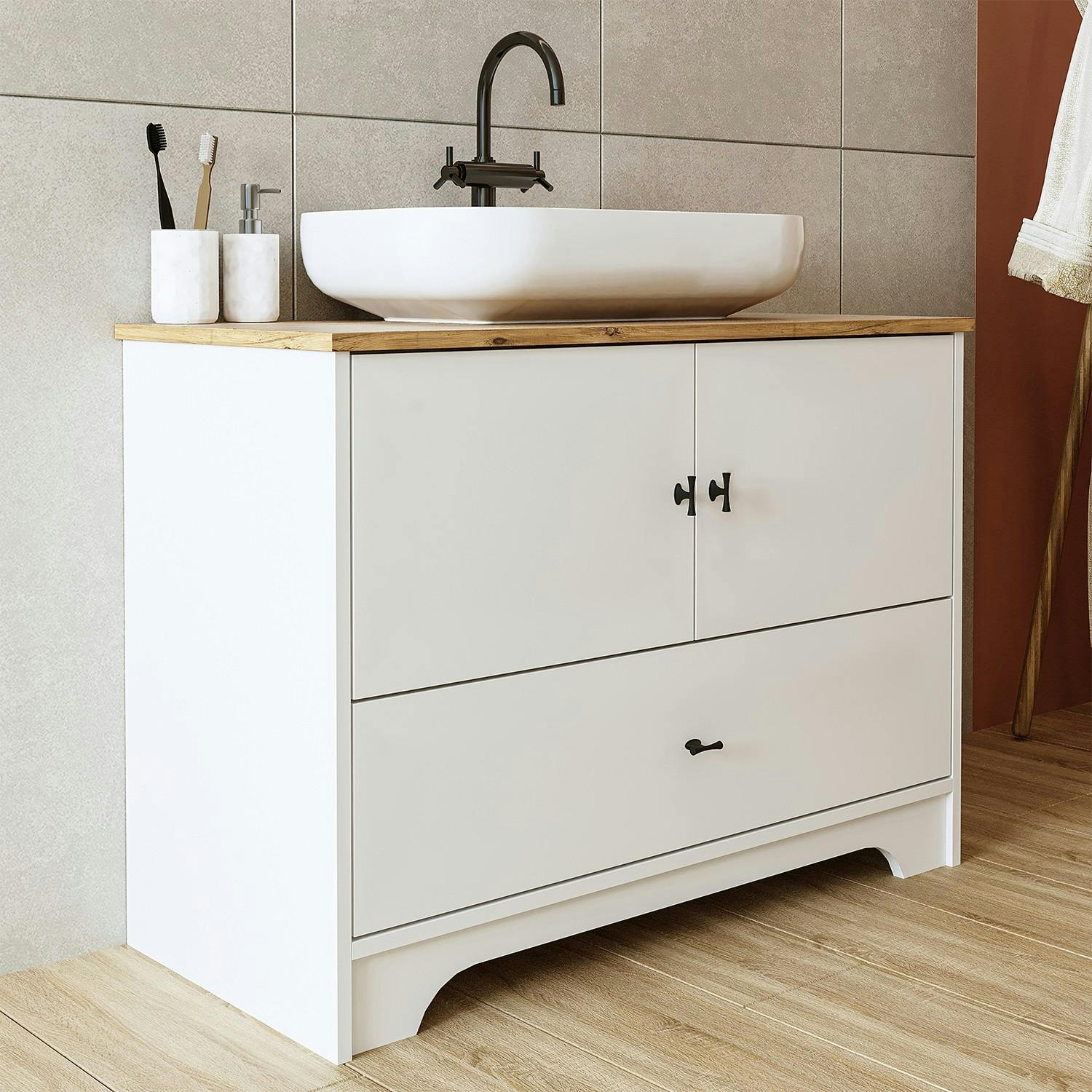 Meuble vasque salle de bains 99 cm blanc 2 portes 1 tiroir DOUNA