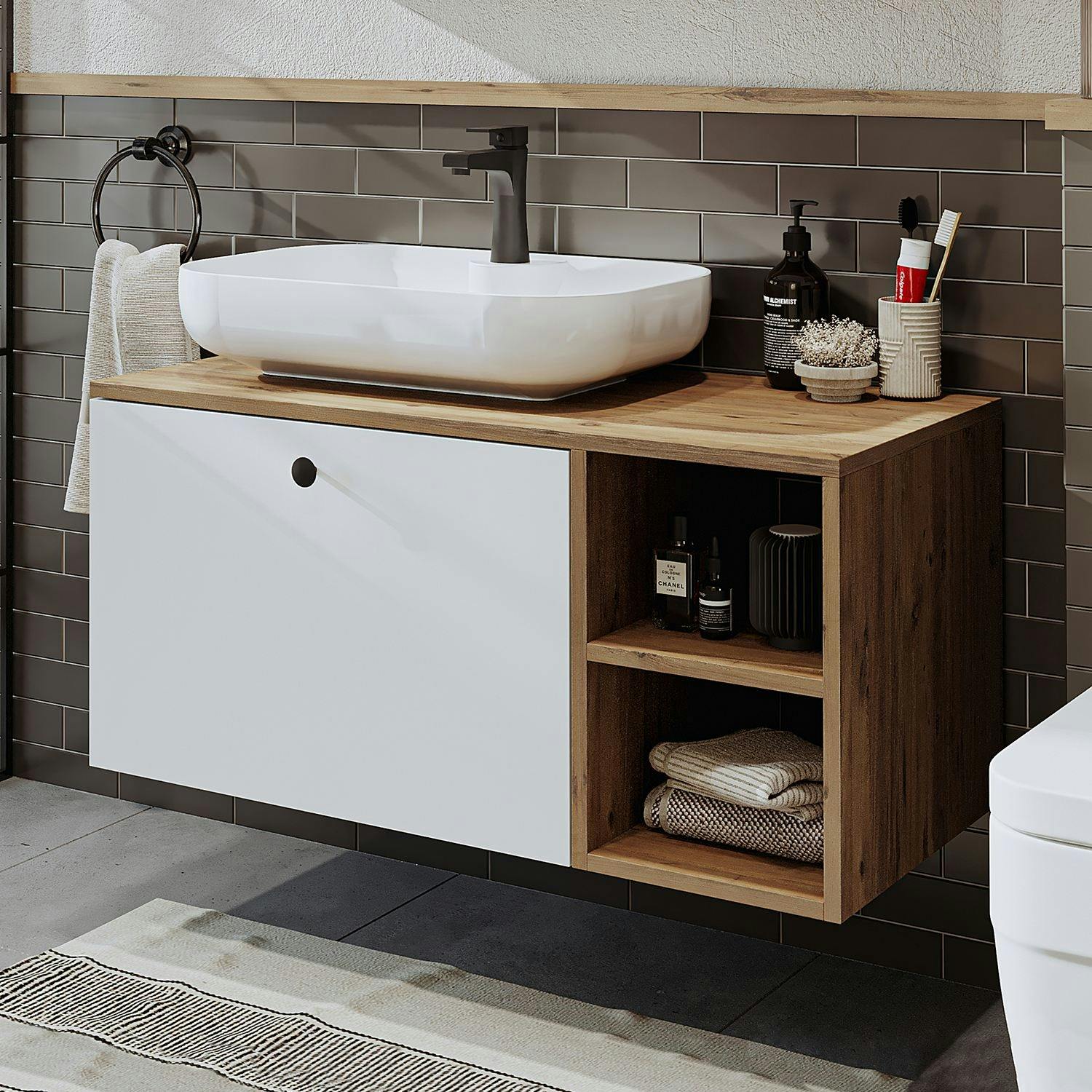 Meuble vasque suspendu 1 tiroir décor pin et blanc RUSH