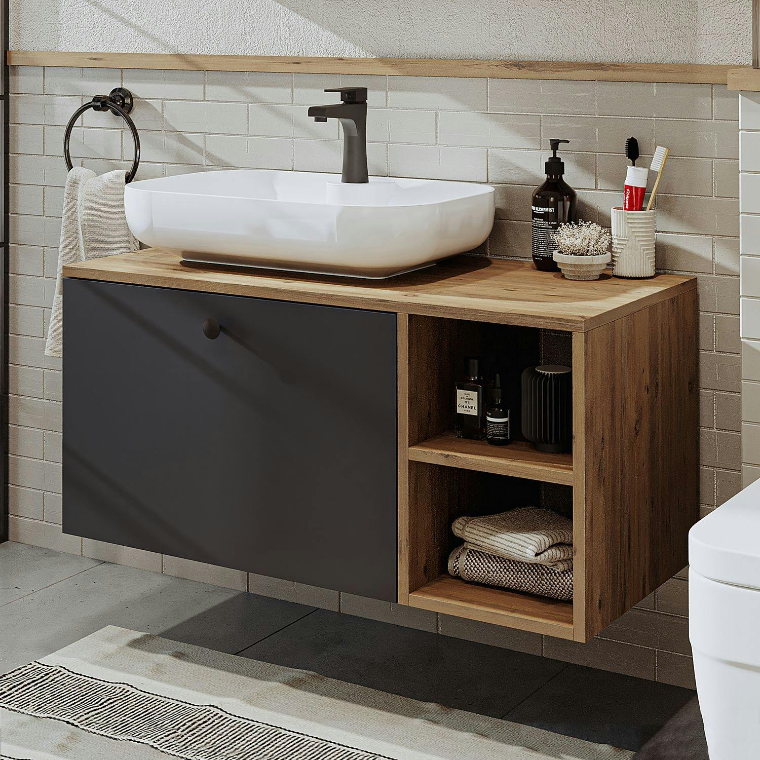 Meuble vasque suspendu 1 tiroir décor pin et gris RUSH