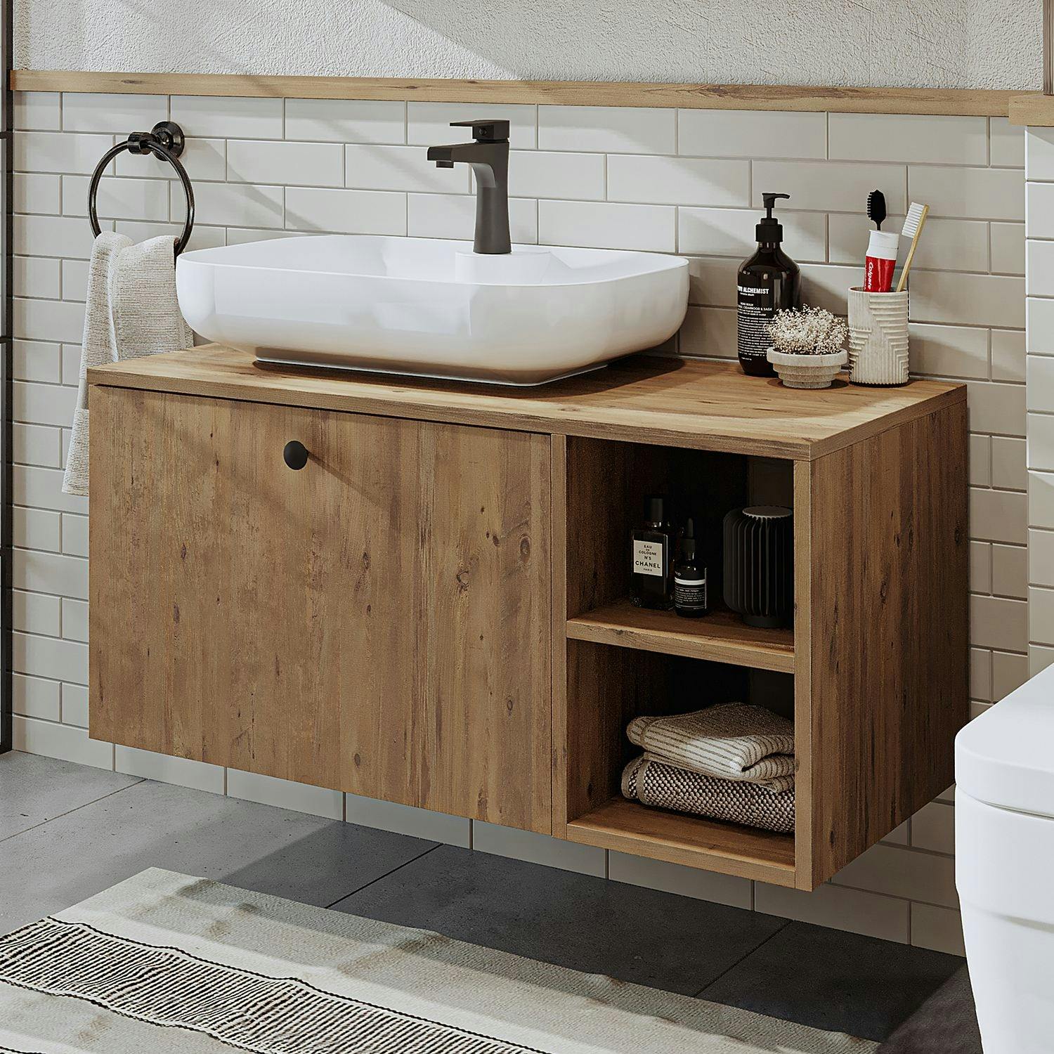 Meuble vasque suspendu 1 tiroir décor pin RUSH