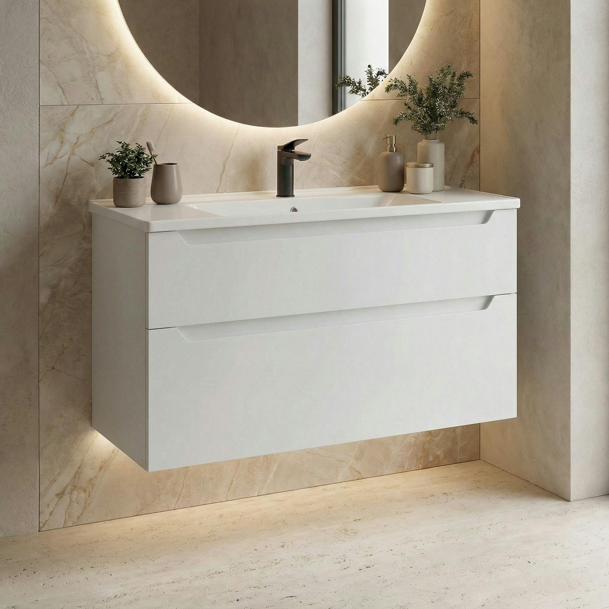Meuble vasque suspendu 100 cm blanc 2 tiroirs ELYO