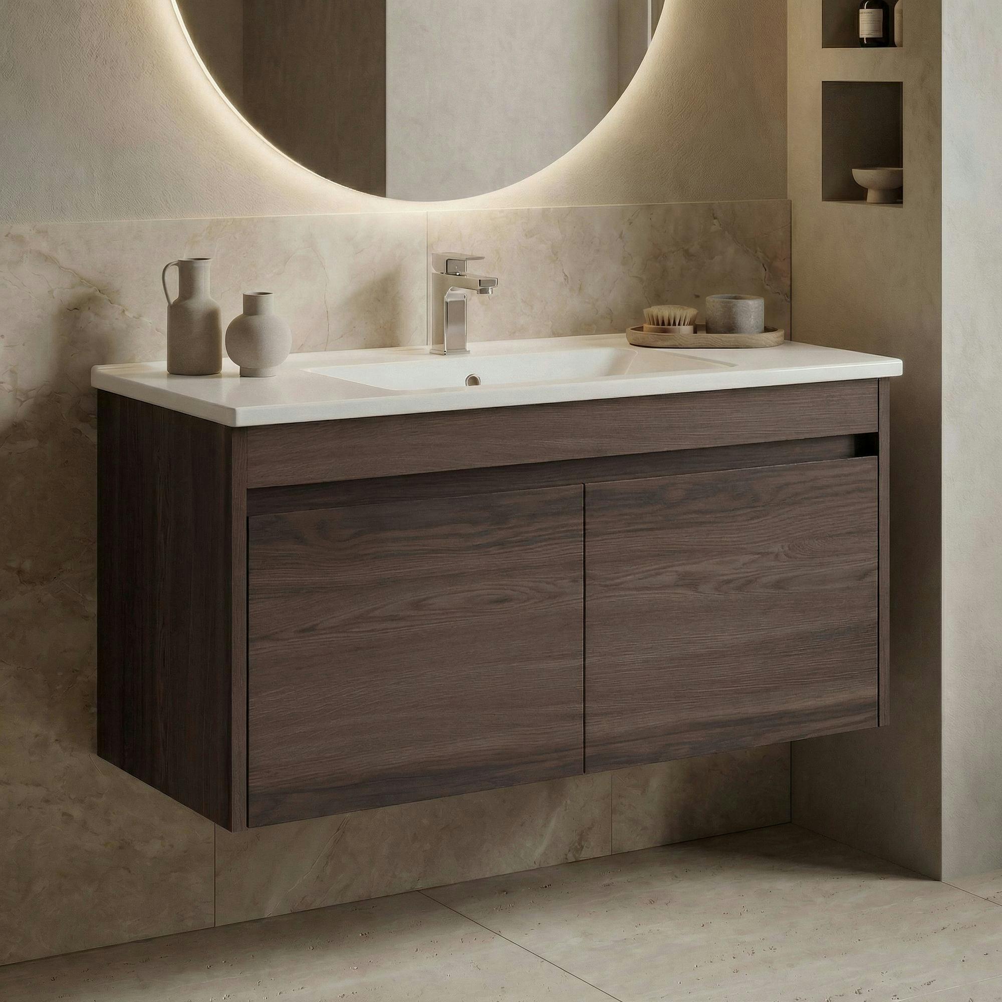 Meuble vasque suspendu 100 cm décor bois foncé 2 portes MOANA