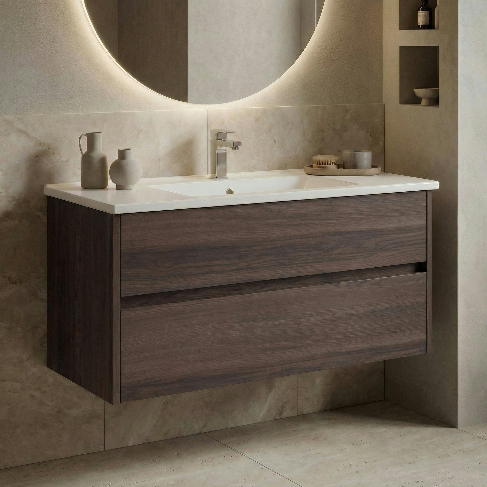 Meuble vasque suspendu 100 cm décor bois foncé 2 tiroirs MOANA