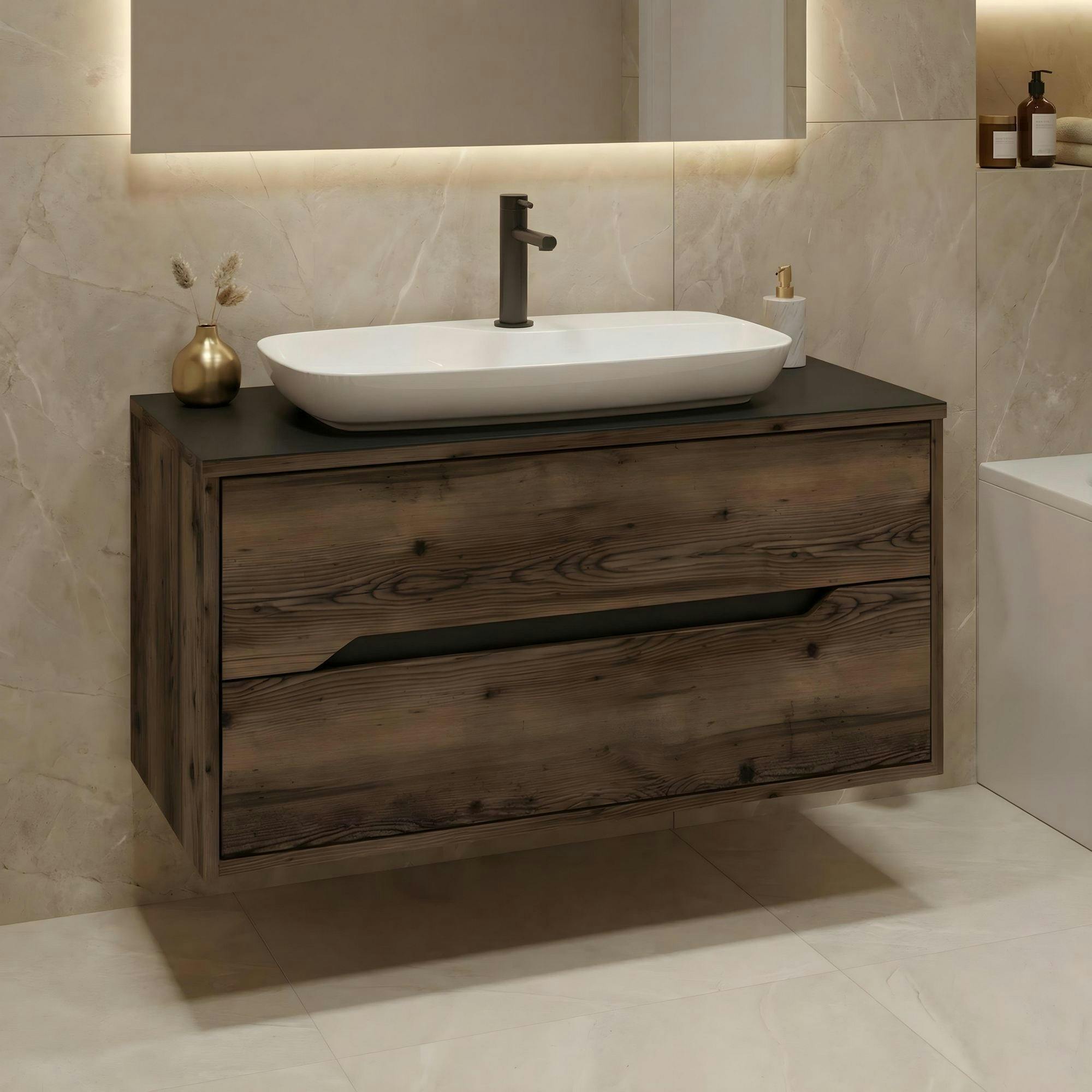 Meuble vasque suspendu 100 cm décor bois foncé 2 tiroirs NEÏS
