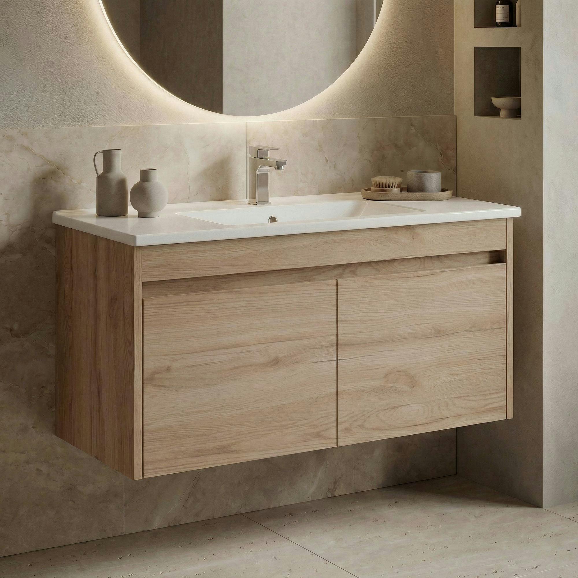Meuble vasque suspendu 100 cm décor chêne 2 portes MOANA