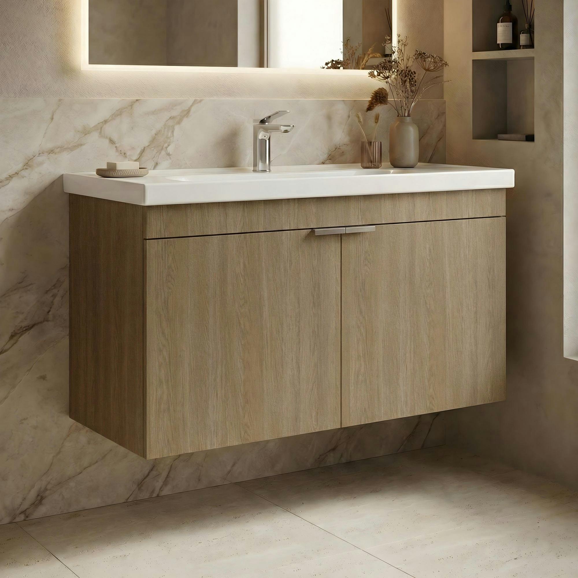 Meuble vasque suspendu 100 cm décor chêne 2 portes NEA