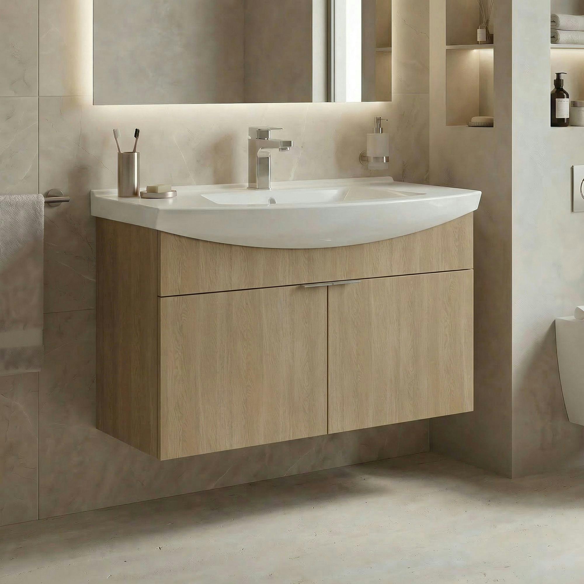 Meuble vasque suspendu 100 cm décor chêne 2 portes UMI