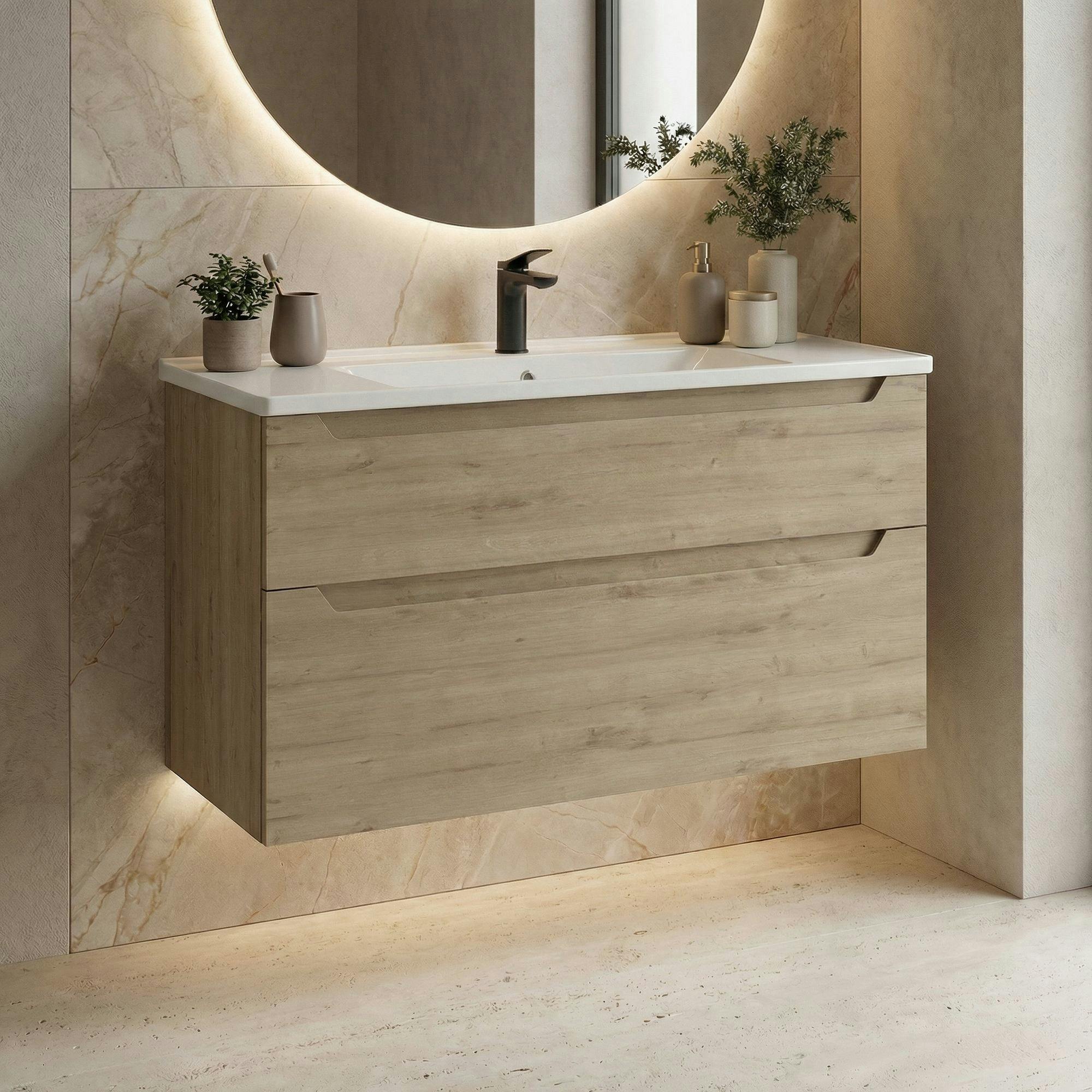 Meuble vasque suspendu 100 cm décor chêne 2 tiroirs ELYO