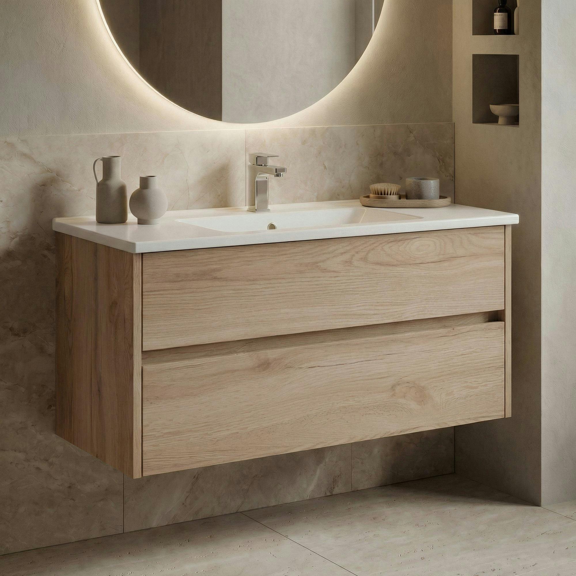 Meuble vasque suspendu 100 cm décor chêne 2 tiroirs MOANA