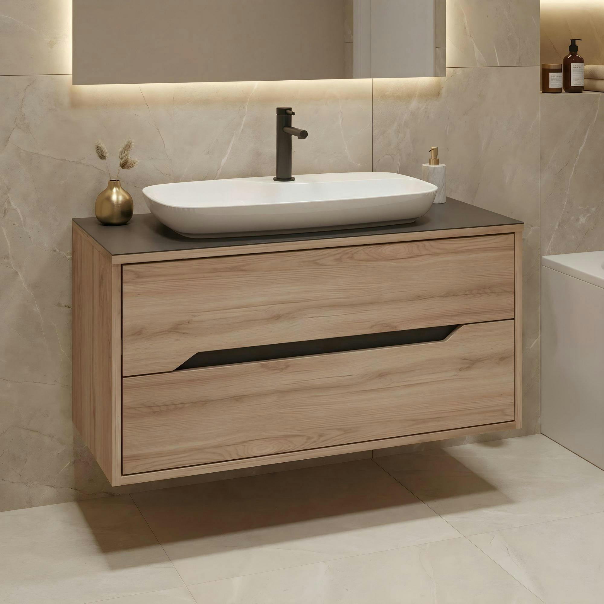 Meuble vasque suspendu 100 cm décor chêne 2 tiroirs NEÏS
