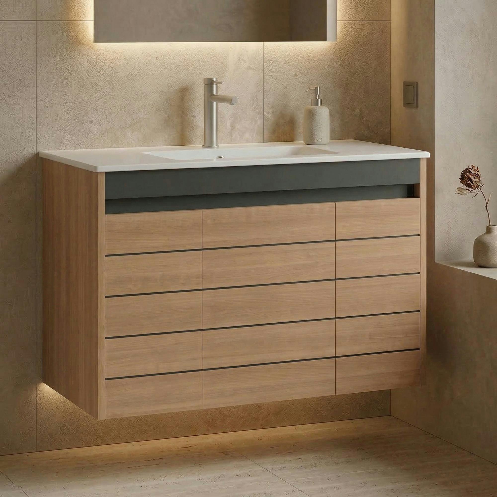 Meuble vasque suspendu 100 cm décor chêne 3 portes AÏGA