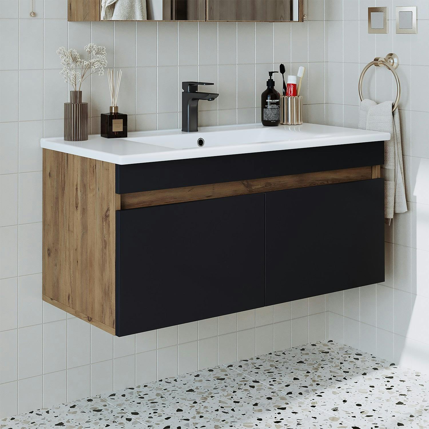 Meuble vasque suspendu 100 cm décor pin et gris 2 portes AQUO
