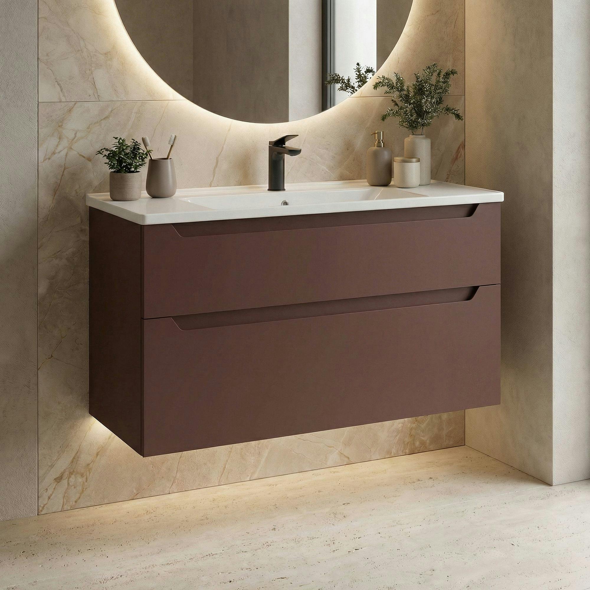 Meuble vasque suspendu 100 cm rouge 2 tiroirs ELYO