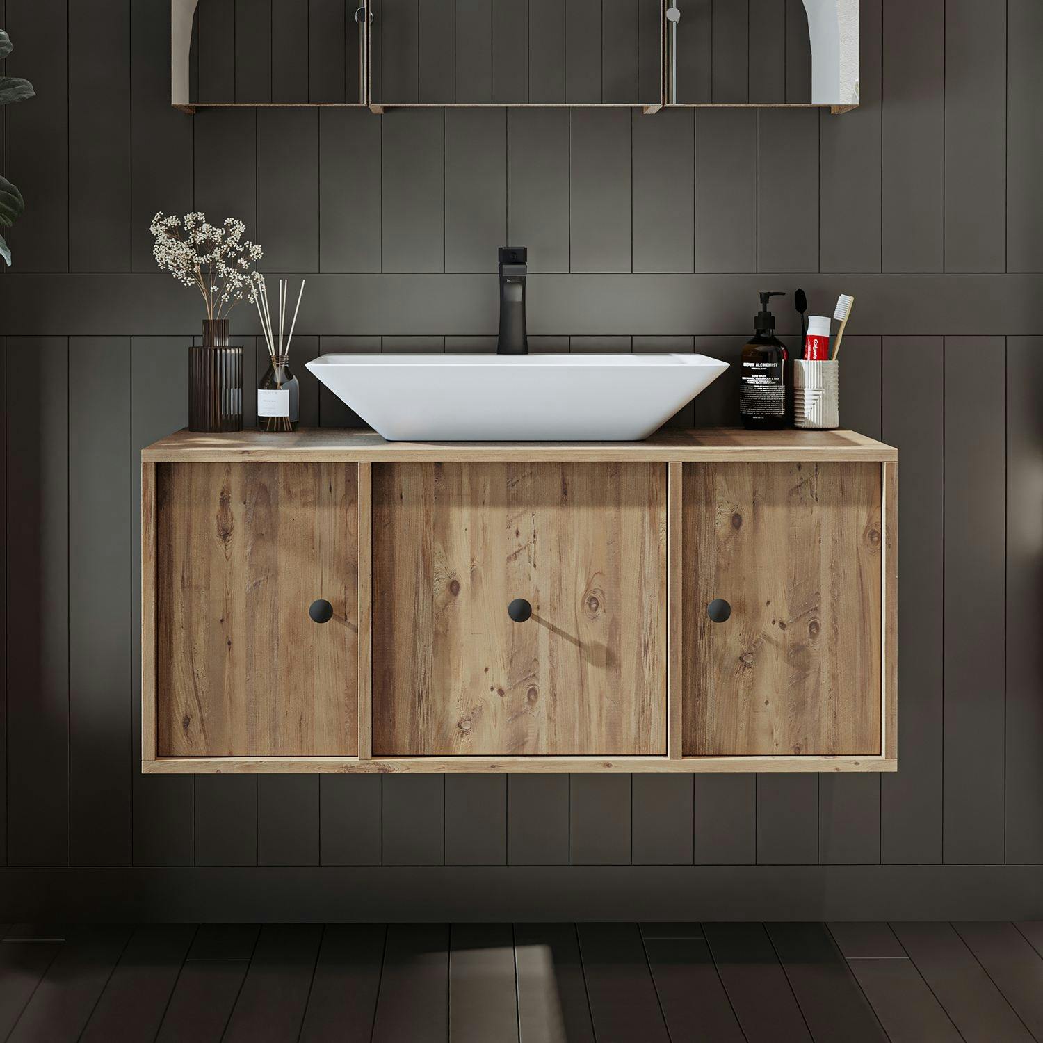 Meuble vasque suspendu 105 cm décor pin 2 portes 1 tiroir SIREN