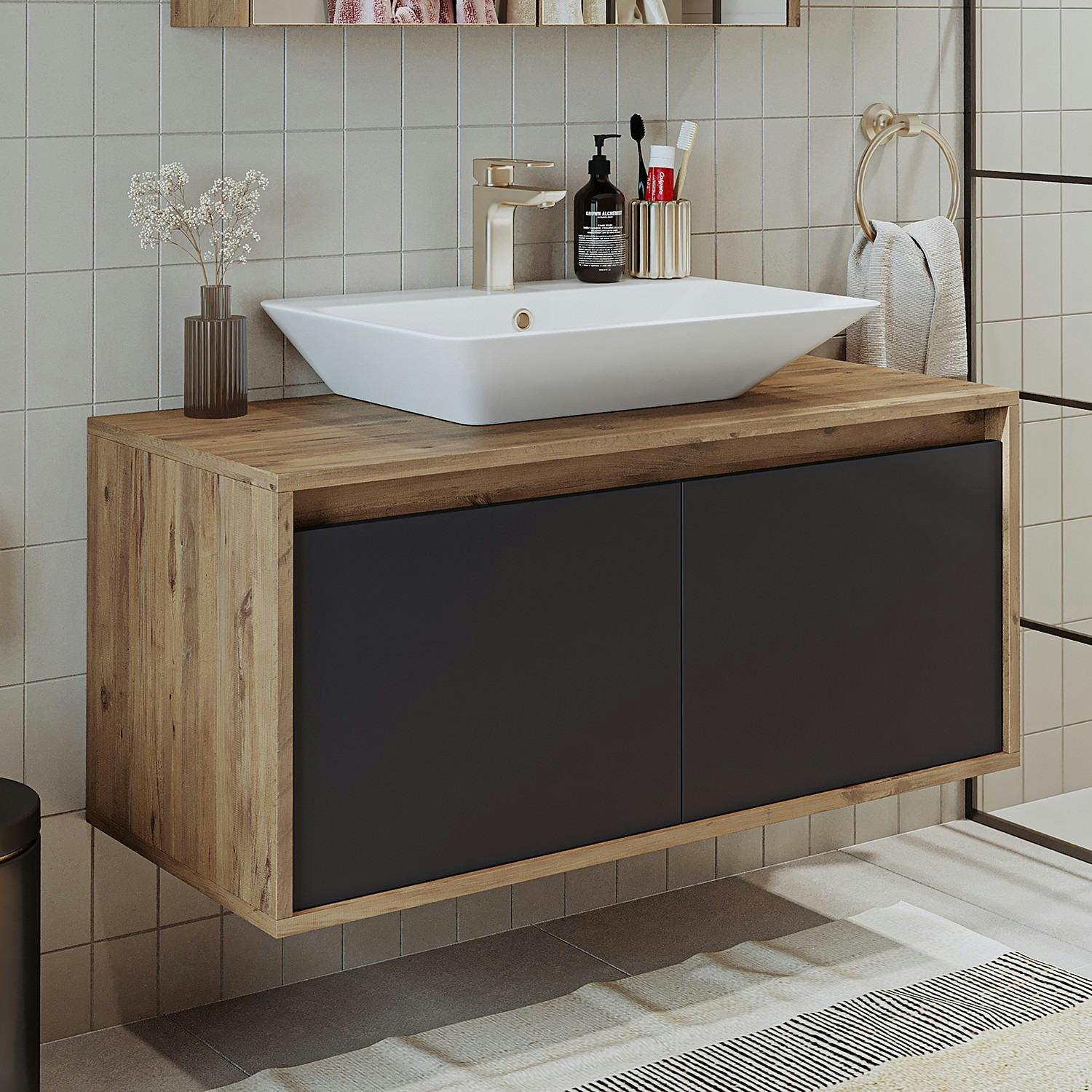 Meuble vasque suspendu 2 portes décor pin et gris FLOE