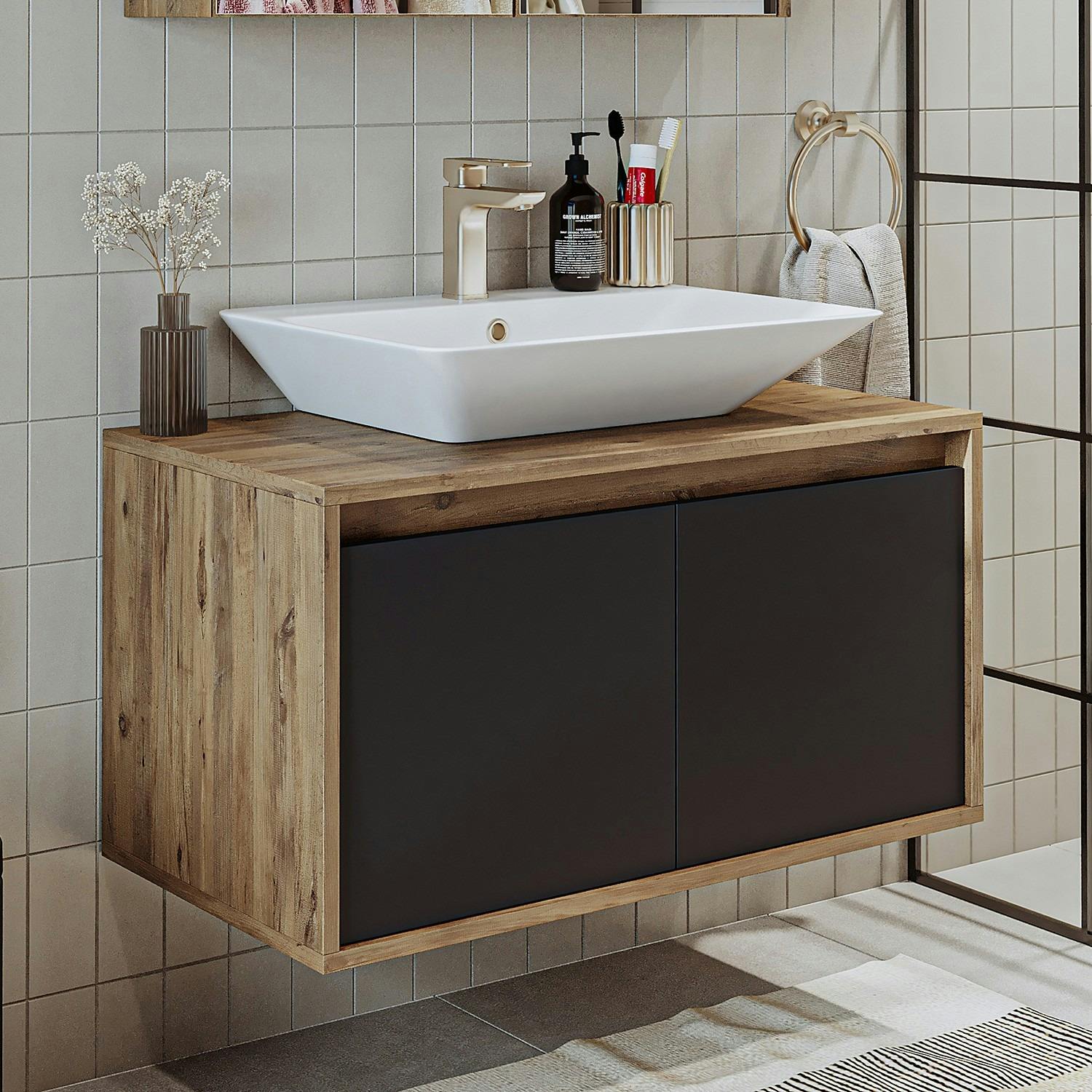 Meuble vasque suspendu 2 portes décor pin et gris VIVE