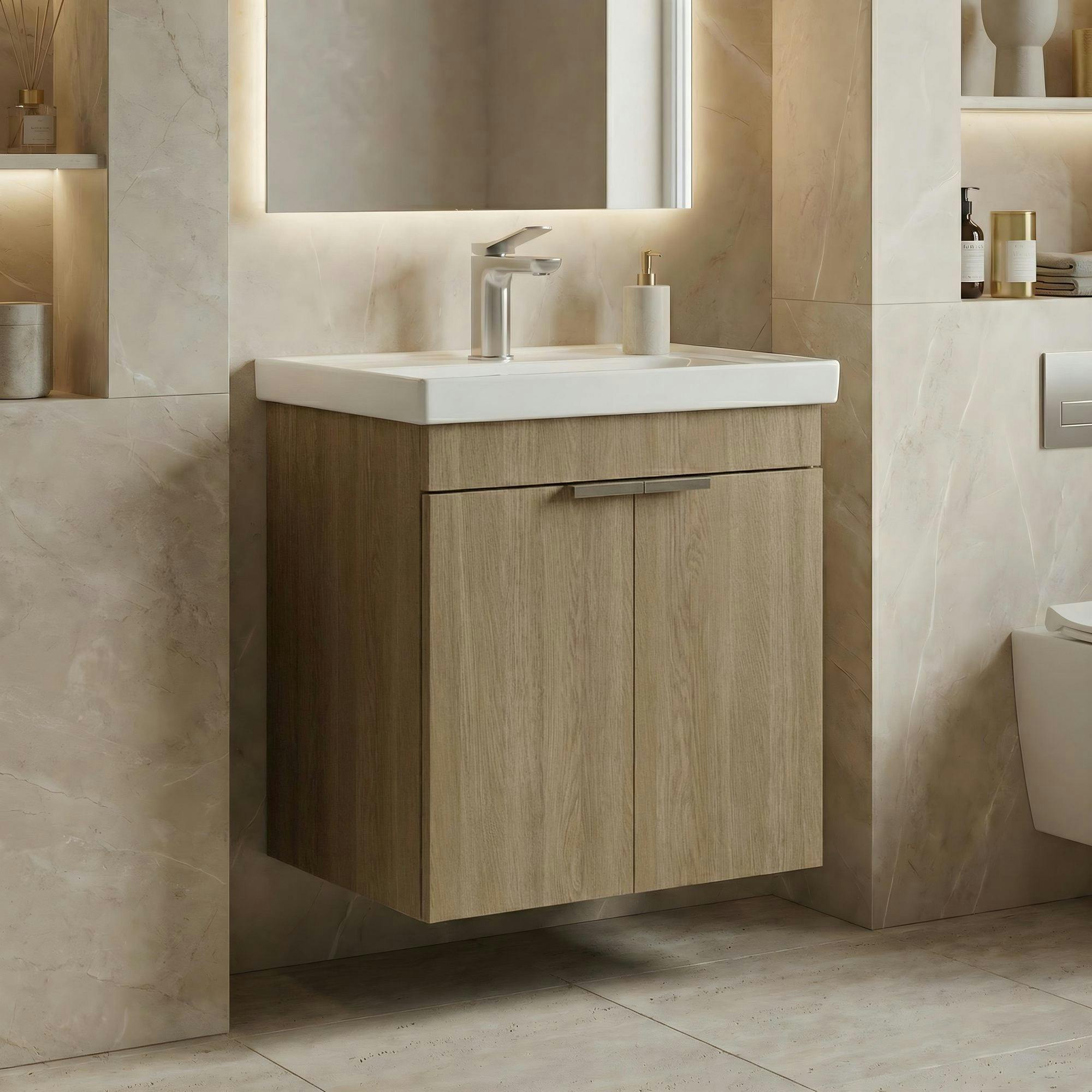 Meuble vasque suspendu 50 cm décor chêne 2 portes NEA