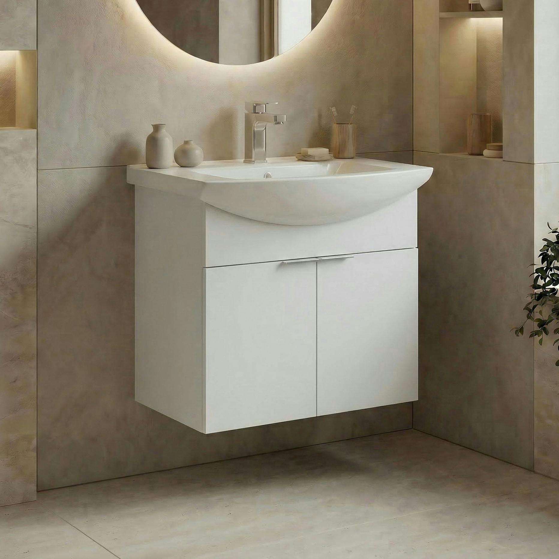 Meuble vasque suspendu 55 cm blanc 2 portes UMI