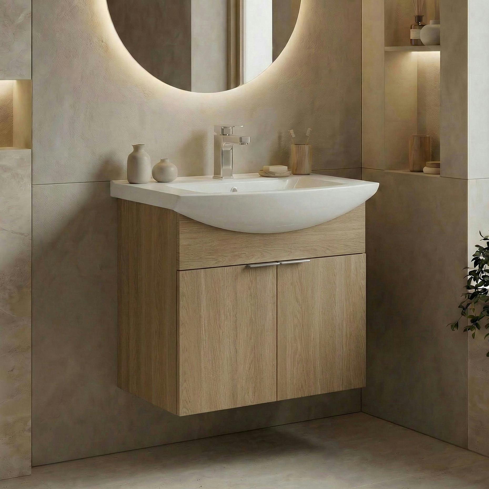 Meuble vasque suspendu 55 cm décor chêne 2 portes UMI