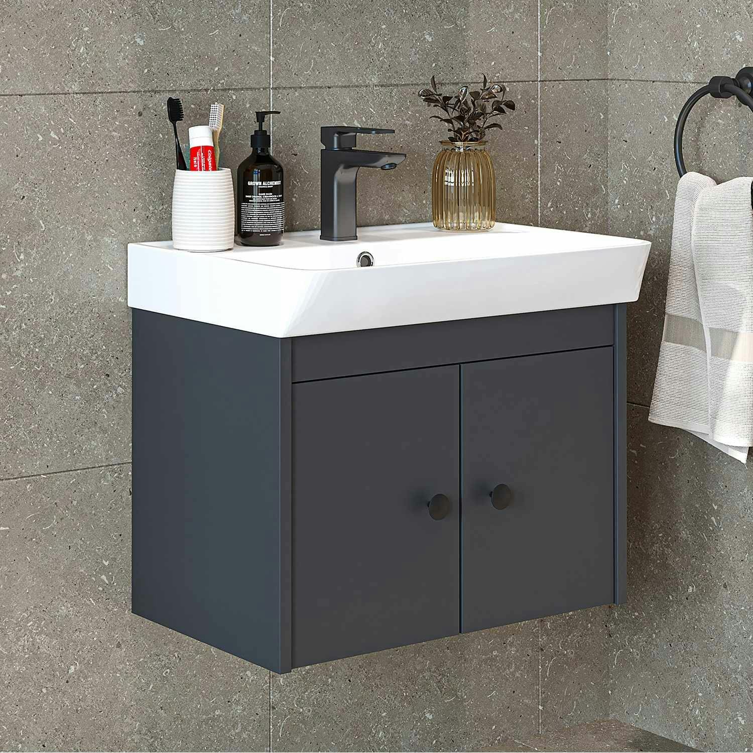 Meuble vasque suspendu 60 cm anthracite 2 portes JUSA