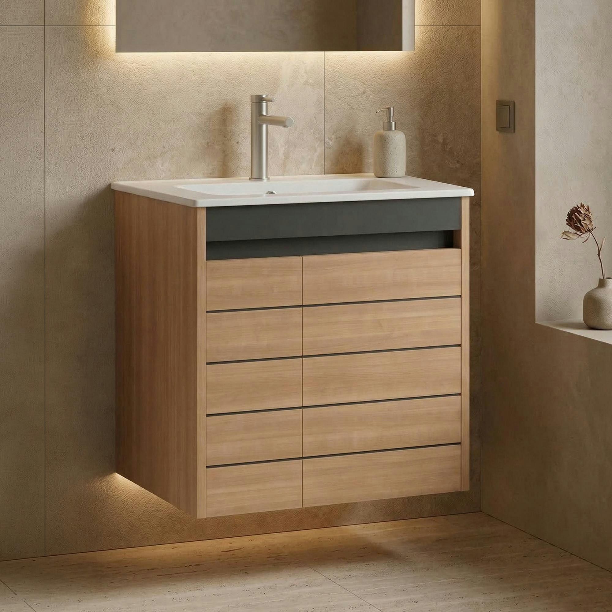 Meuble vasque suspendu 60 cm décor chêne 2 portes AÏGA