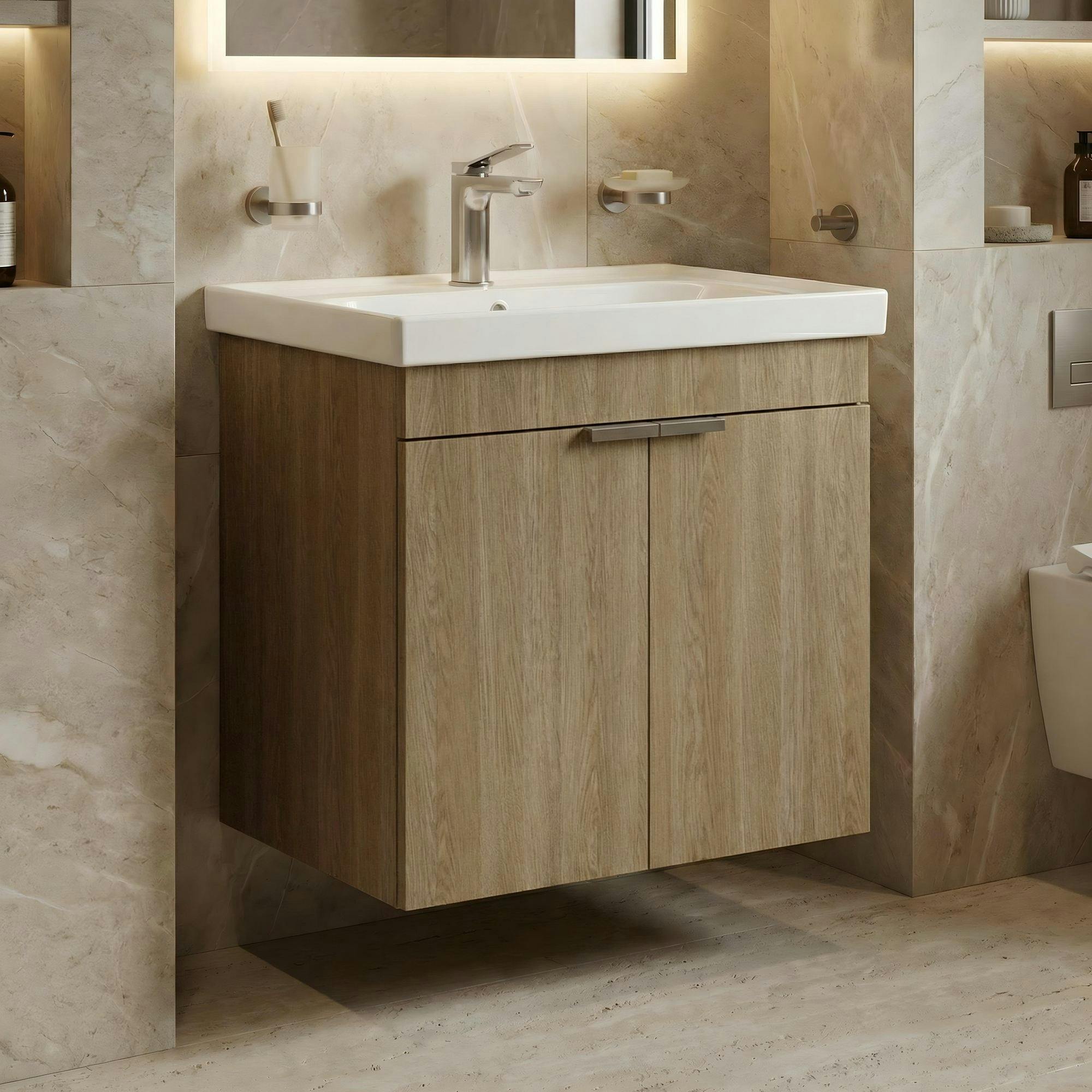 Meuble vasque suspendu 60 cm décor chêne 2 portes NEA