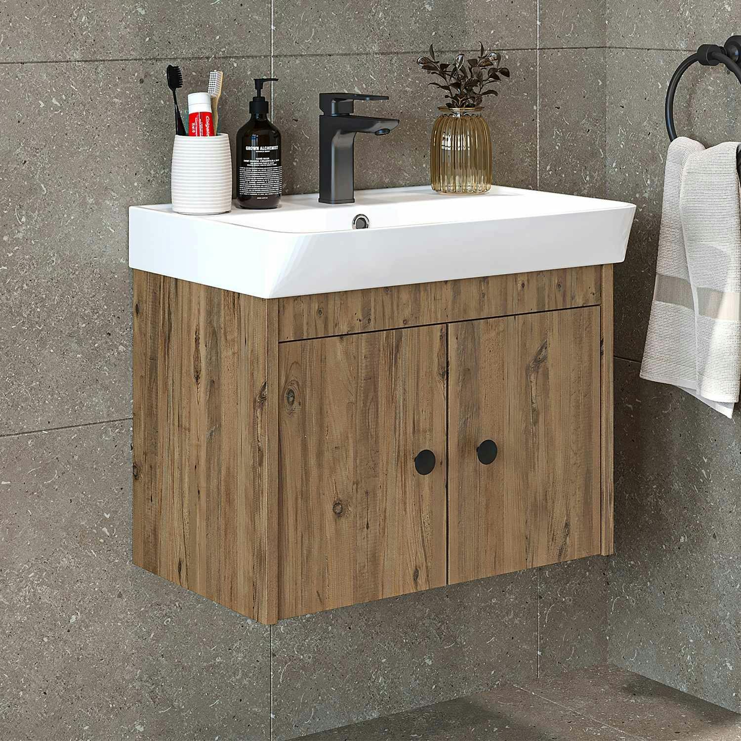 Meuble vasque suspendu 60 cm décor pin 2 portes JUSA