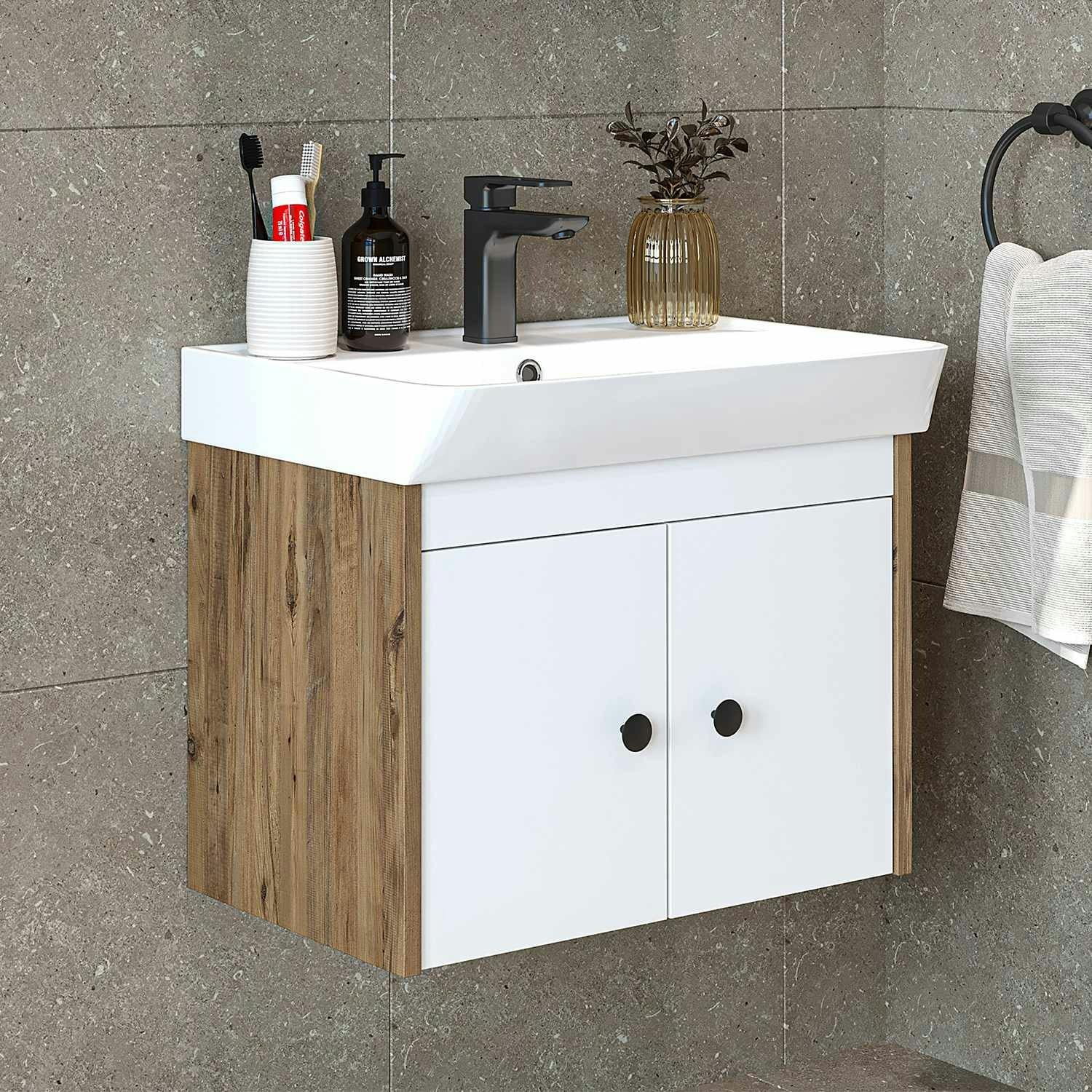 Meuble vasque suspendu 60 cm décor pin et blanc 2 portes JUSA